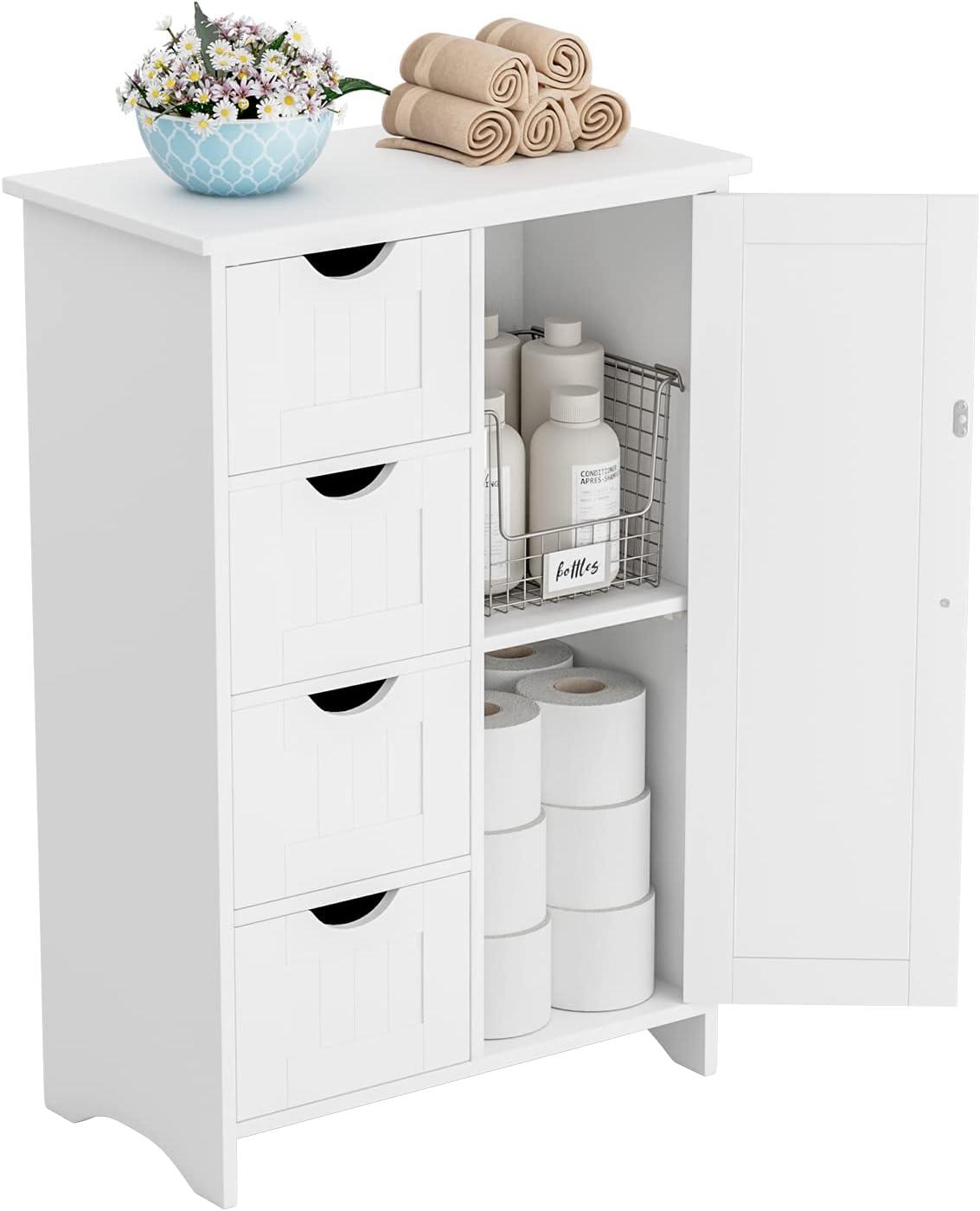 AA Bathroom Storage Cabinet, Side Free Standing Organizer with Large Space and Adjustable Shelves, Home Office Furniture for Multifunction in Living Room, Hallway, Kitchen, Bedroom, White