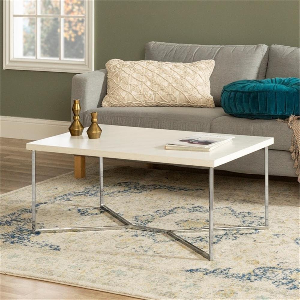 42" Rectangular Coffee Table in White Faux Marble with Chrome Metal Base