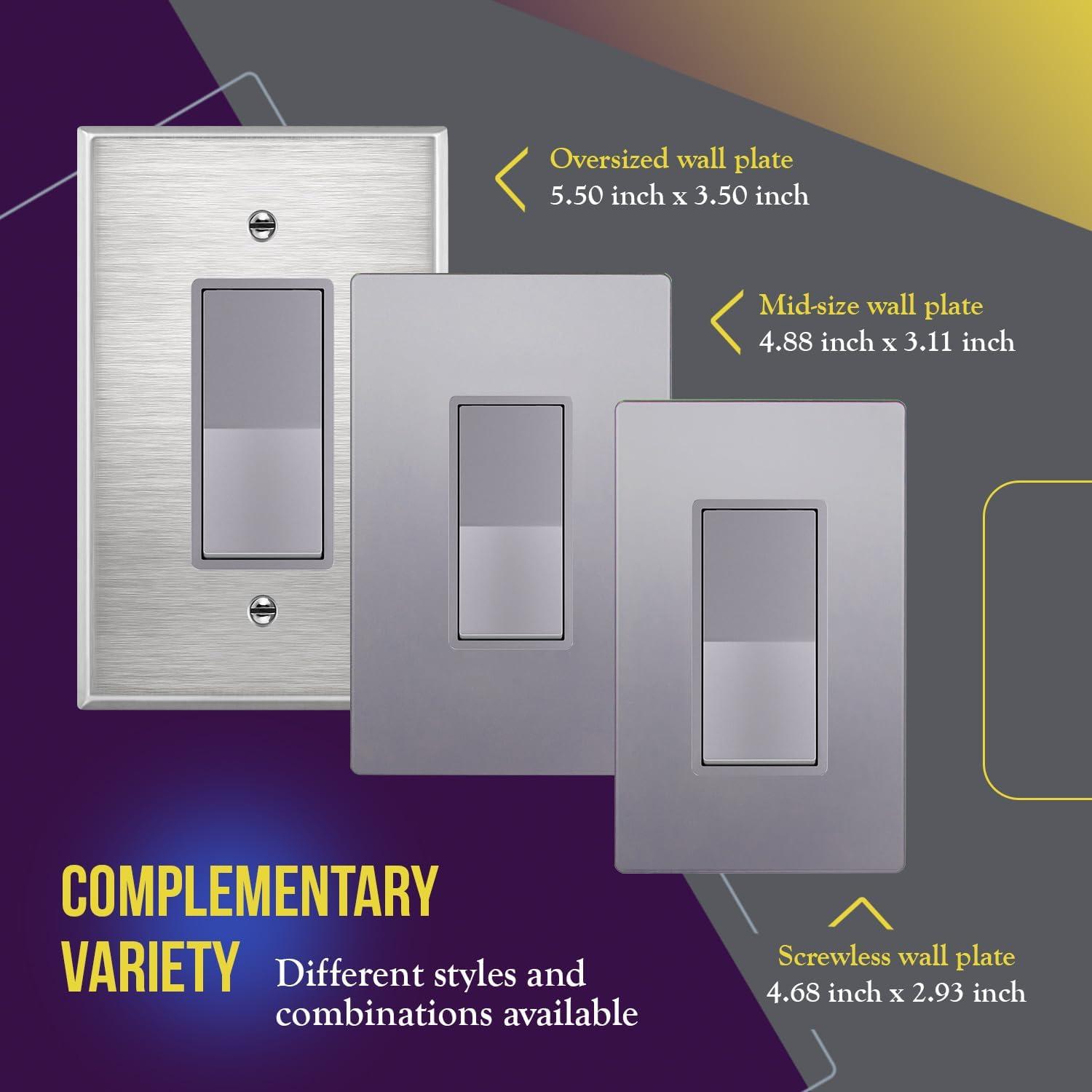 ENERLITES 3-Way Decorator Paddle Light Switch, Gloss Finish, Single Pole or Three Way, 3 Wire, Grounding Screw, Residential Grade, 15A 120V/277V, UL Listed, 93150-SV, Silver