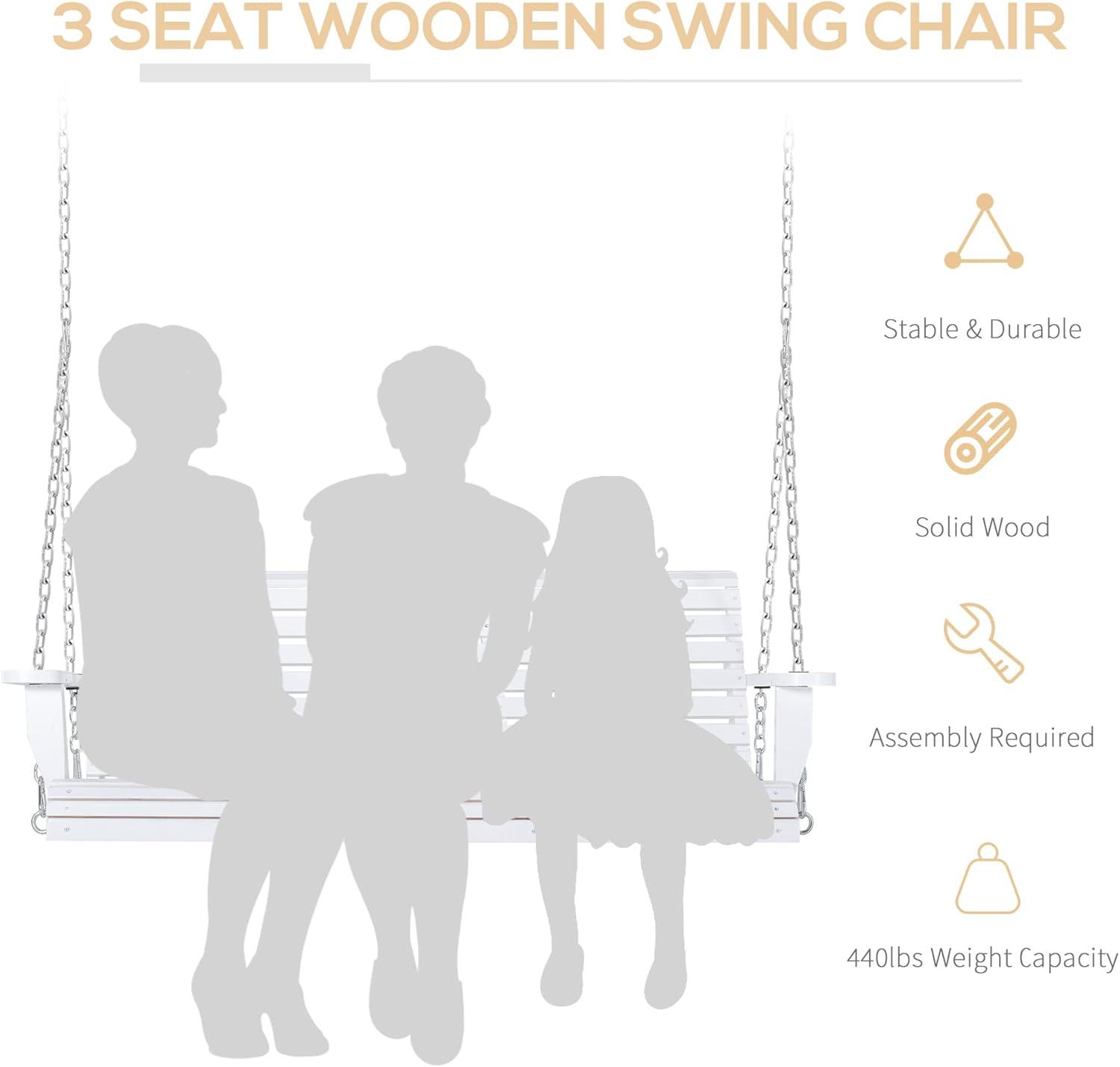 Outsunny 3-Seater Wooden Porch Swing, Patio Swing Bench with Folding Coffee Table, Cup Holders and Chains Included, 440lbs Weight Capacity, White