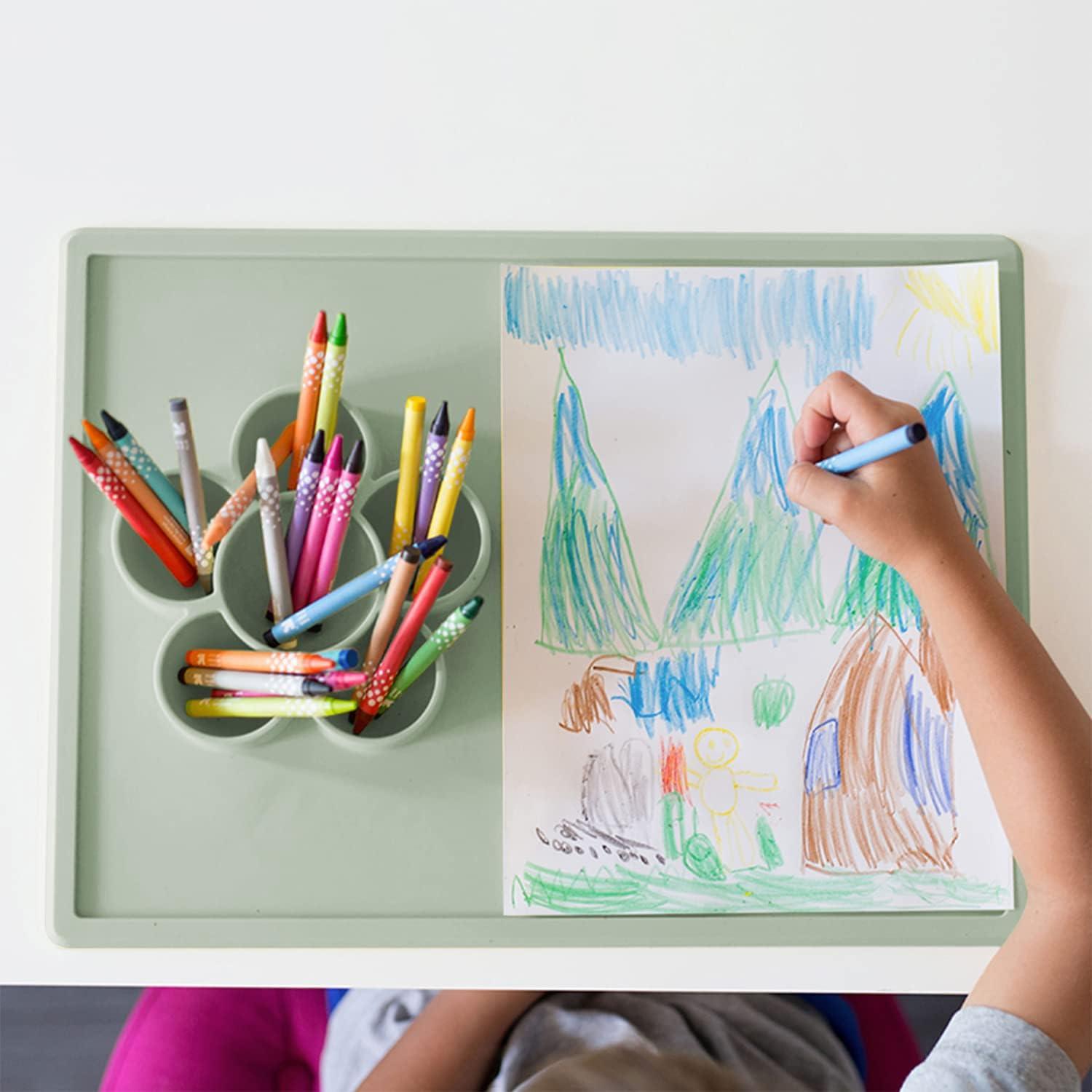 ezpz Play Mat for Baby + Toddler - 6 Months+ (Sage) - Suction Plate with Flower Compartments for Crafts, Painting, Sorting, Snack Time - Fits Standard Piece of Paper