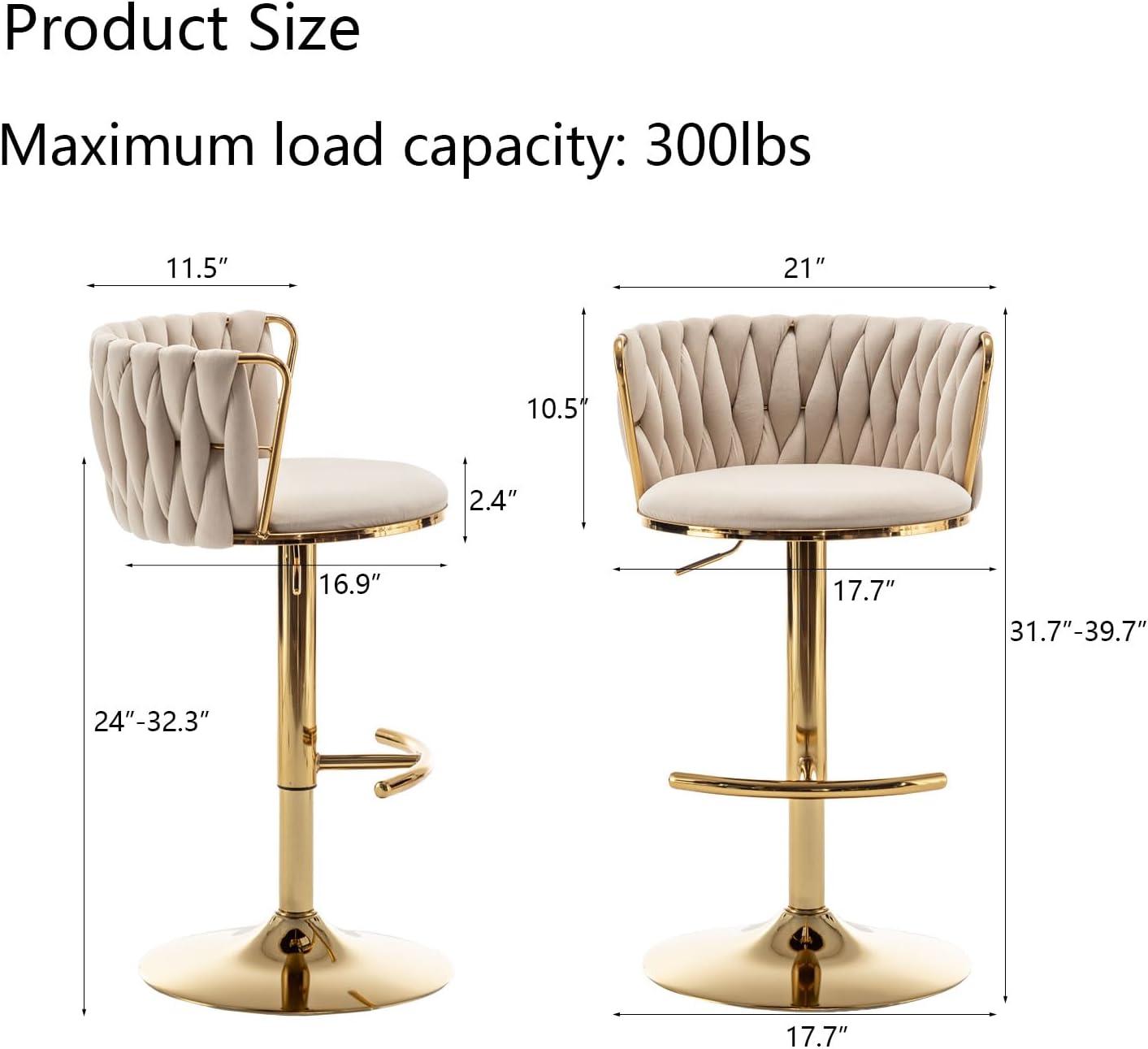 Gold Velvet Bar Stools Set of 4, Counter Height Bar Chairs with Low Back, Swivel Bar Stool for Kitchen Island, Bar Pub (Beige)