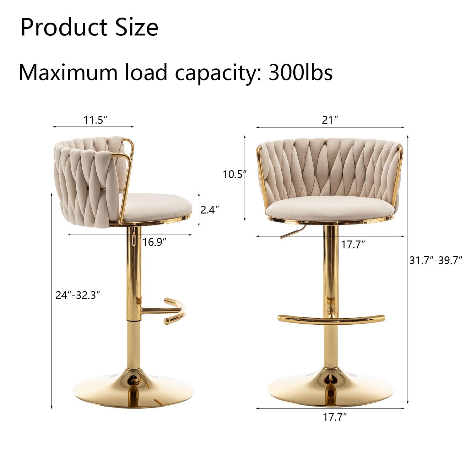 Gold Velvet Bar Stools Set of 4, Counter Height Bar Chairs with Low Back, Swivel Bar Stool for Kitchen Island, Bar Pub (Beige)
