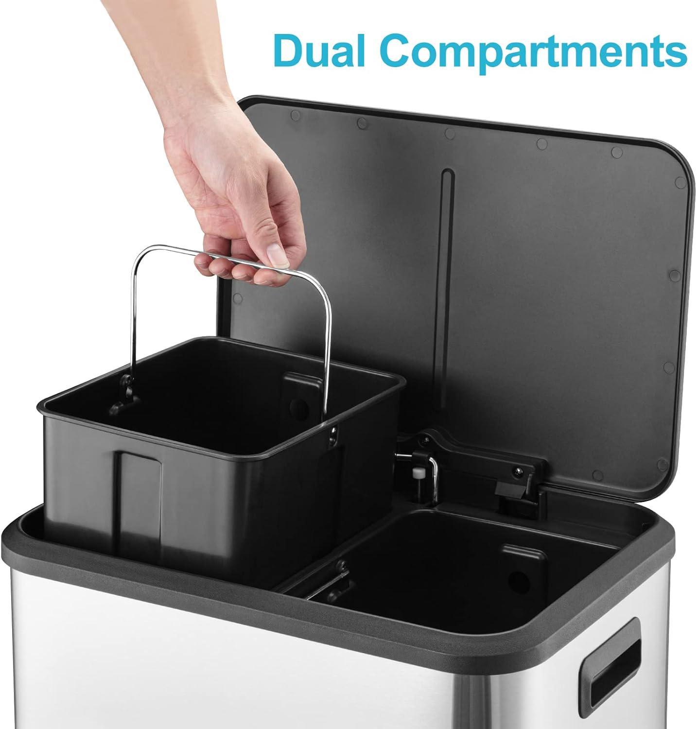 GlowSol Dual Trash Can for Recycling and Trash, Stainless Steel Kitchen Trash Can with Lid and Foot Pedal, Double Compartment Garbage Can, Trash Can with Recycling Bin (2 x 15 L)