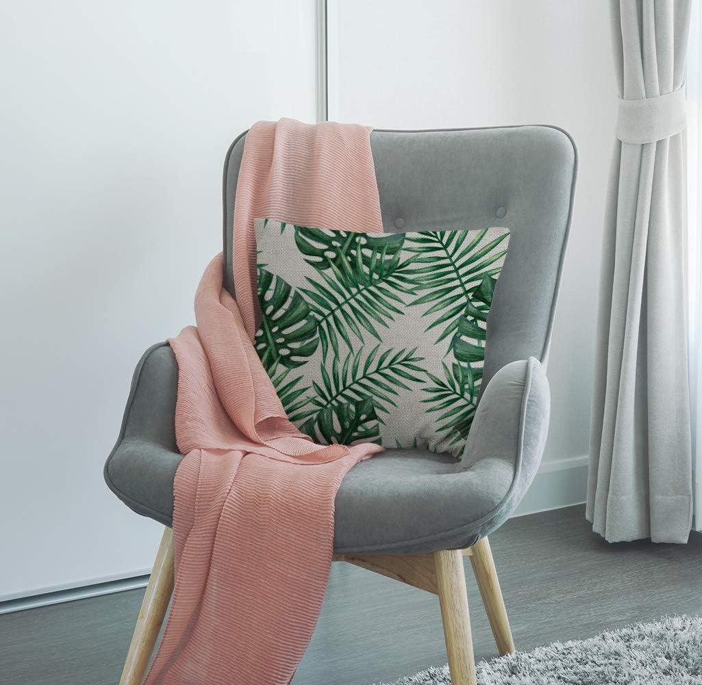 SSOIU Farmhouse Decorative Throw Pillow Cover Watercolor Tropical Palm Leaves Green Leaf Decoration Home Decor Cotton Linen Cushion Case for Sofa Couch, 18" x 18"