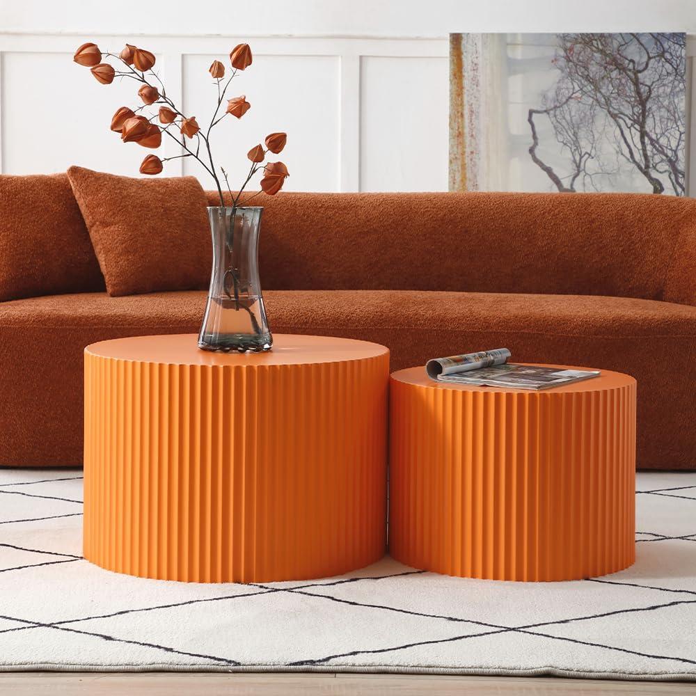 WILLIAMSPACE Nesting Coffee Table Set of 2, Matte Orange Round Wooden Coffee Tables, Modern Luxury Side Tables Accent End Table for Living Room Apartment, 23.62"*23.62"*15.75"H (Orange,Round)