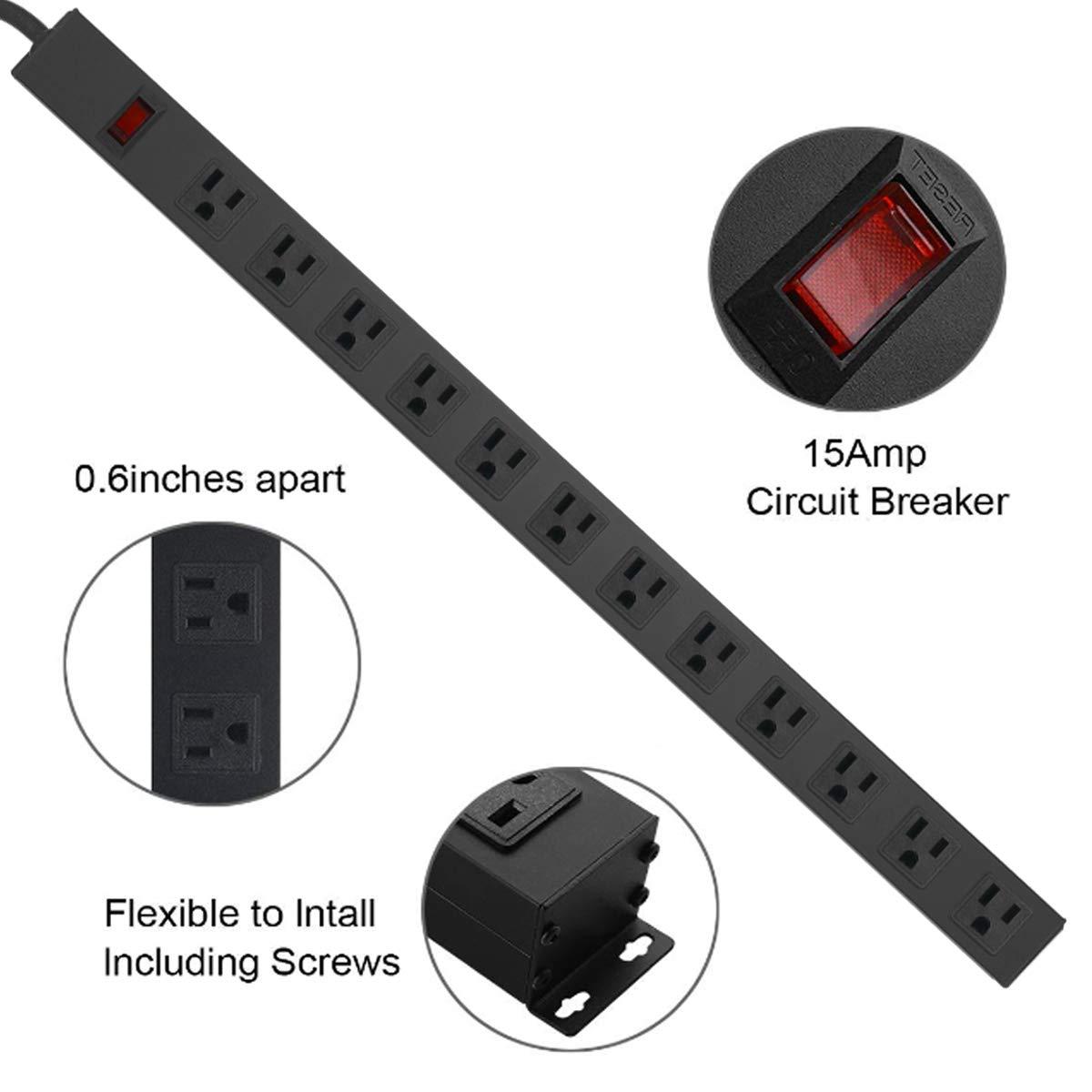 Metal Wall Mount Power Strip, Mountable Power Outlet with 12 AC Outlets, Aluminum Alloy Mount Power Socket with Switch, 6 FT SJT 3/C 14AWG Power Cord, 15A 125V 1875W (12AC) Black