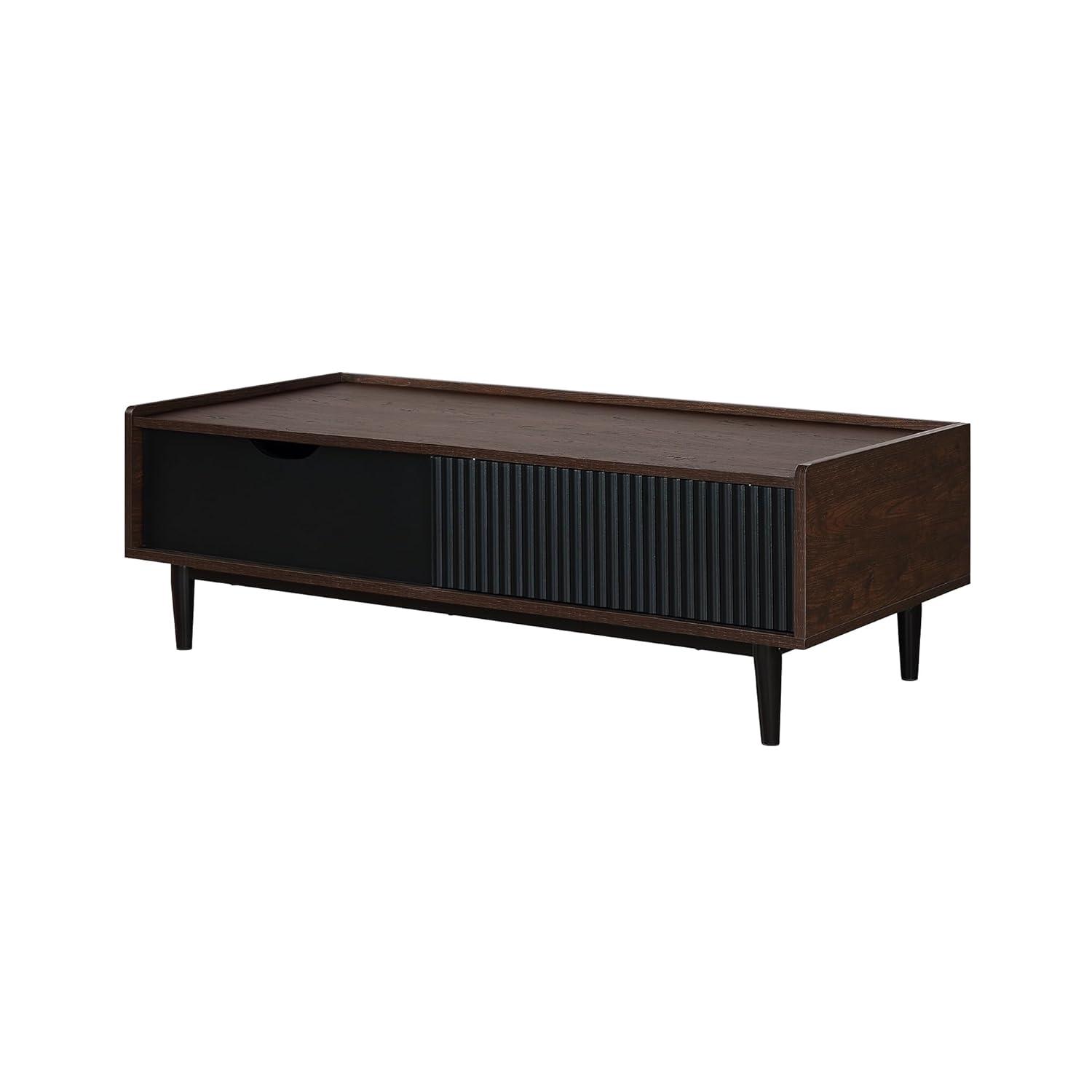 Manhattan Comfort Duane Ribbed Coffee Table with Drawer and Shelf Dark Brown/Black: Rectangular, MDF, Living Room Furniture