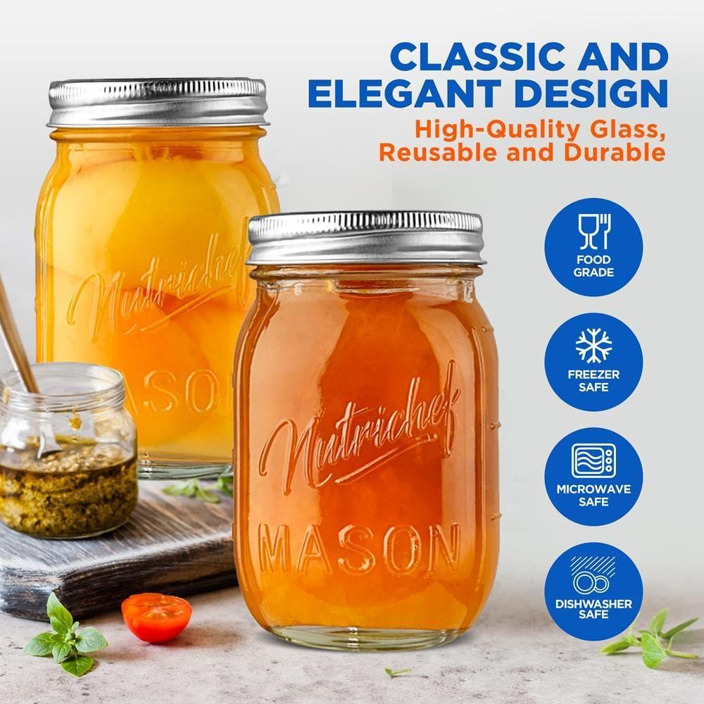 NutriChef 16 Pcs. Glass Mason Jars with Regular Lids and Bands, DIY Magnetic Spice Jars, Ideal for Meal Prep, Jam, Honey, Wedding Favors, and more