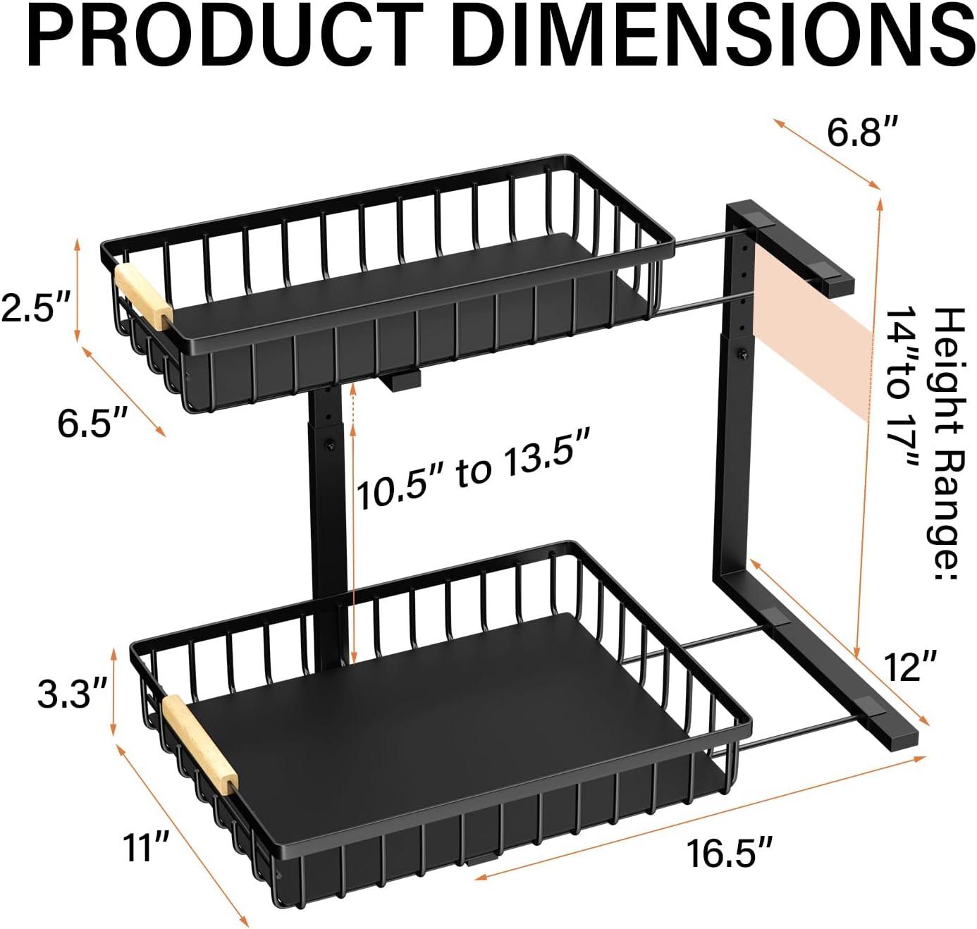 Under Sink Organizers and Storage, 2 Pack Pull Out Kitchen Bathroom Cabinet Organizer, 2 Tier Black Under Sink Storage for Bathroom Kitchen, Under Counter Storage Organizer with 8 Hooks