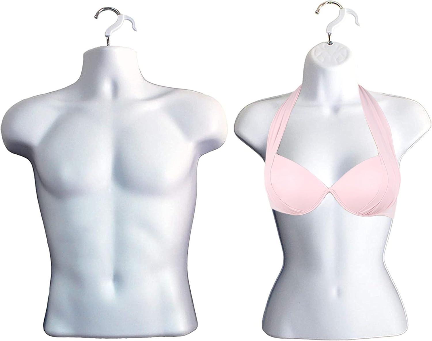 White Male and Female Mannequin Torso Set with Metal Stand