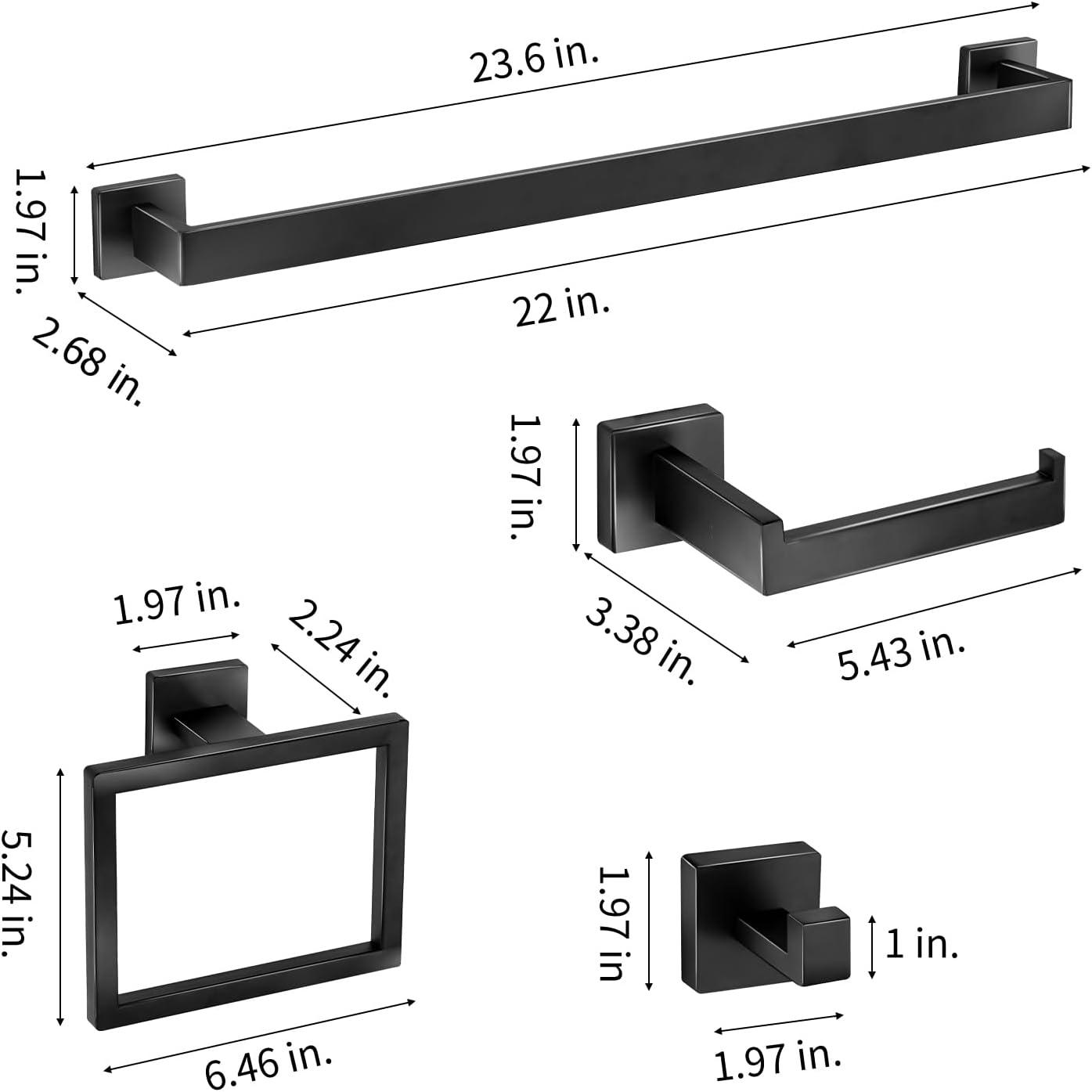 5 Pieces Square Matte Black Stainless Steel Bathroom Accessories Set Include 23.6 in Towel Bar, Toilet Paper Holder, Towel Ring, 2 Robe Towel Hooks