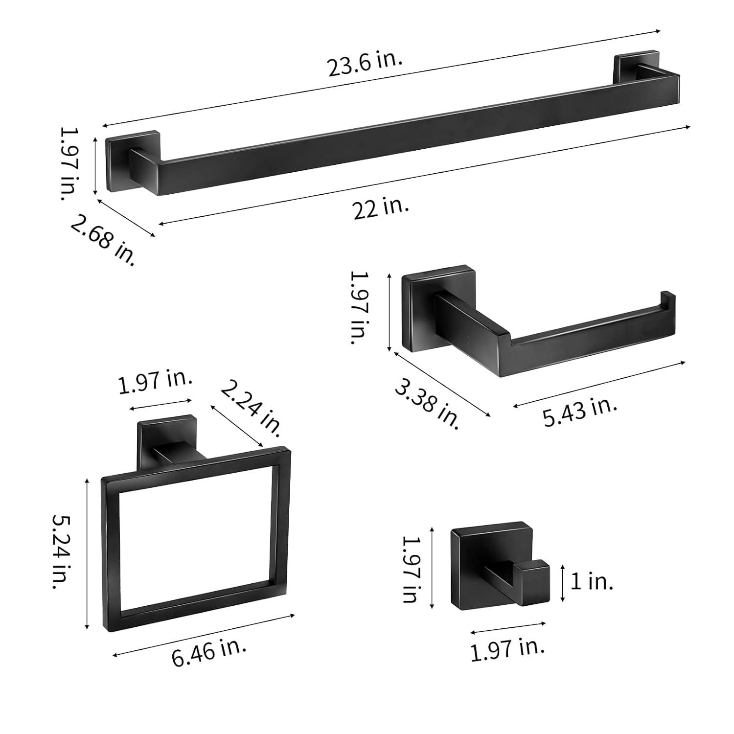 5 Pieces Square Matte Black Stainless Steel Bathroom Accessories Set Include 23.6 in Towel Bar, Toilet Paper Holder, Towel Ring, 2 Robe Towel Hooks