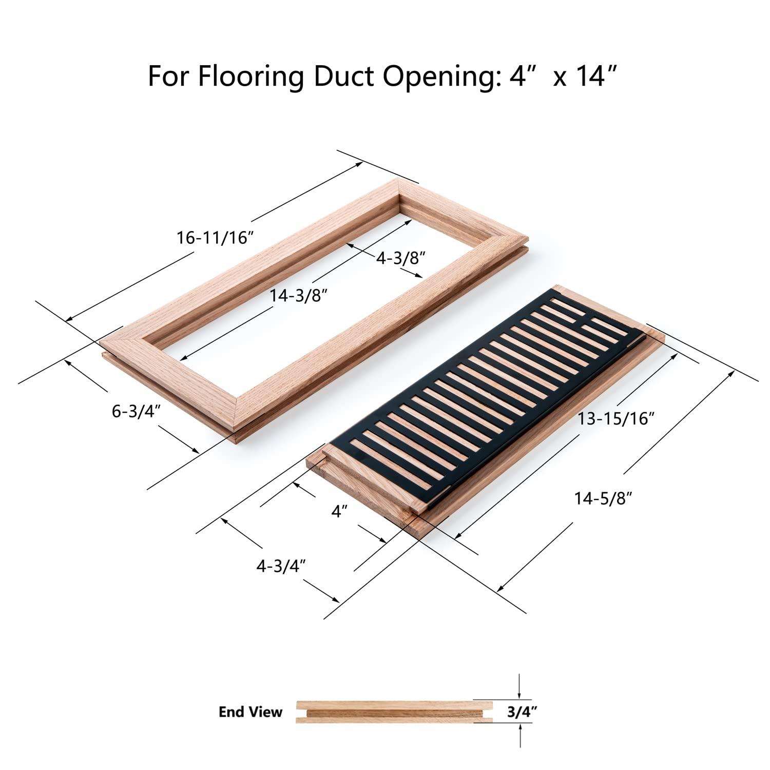 Razo Red Oak Wood Flush Mount Floor Register, 4x14 Inch with Damper, Unfinished