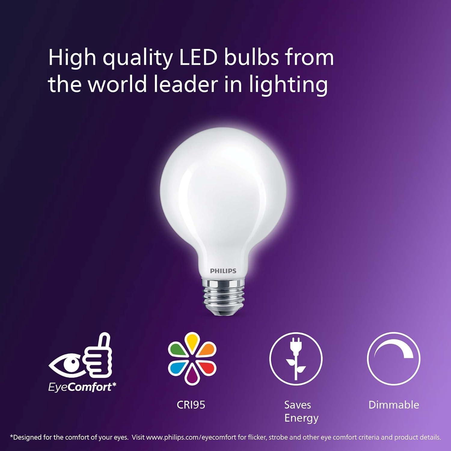 Philips LED Frosted G25 Ultra Definition Light Bulb, Dimmable, EyeComfort Technology, 500 Lumen, Daylight 5000K, 5W=60W, E26 Base, Title 20 Certified, 575217 2-Pack