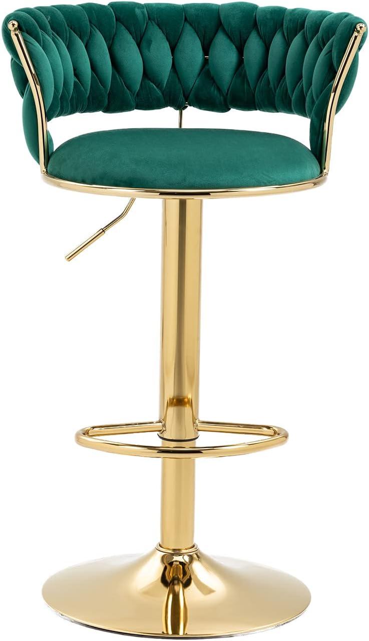 Emerald Green Velvet Adjustable Swivel Bar Stools with Gold Base, Set of 2