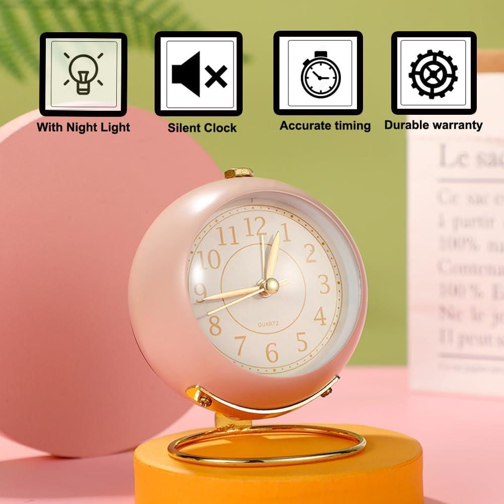Small Table Clocks, Classic Non-Ticking Tabletop Alarm Clock With Backlight, Battery Operated Desk Astronaut Clock With Hd Glass For Living Room Bedroom Bedside Indoor Decor (Pink)