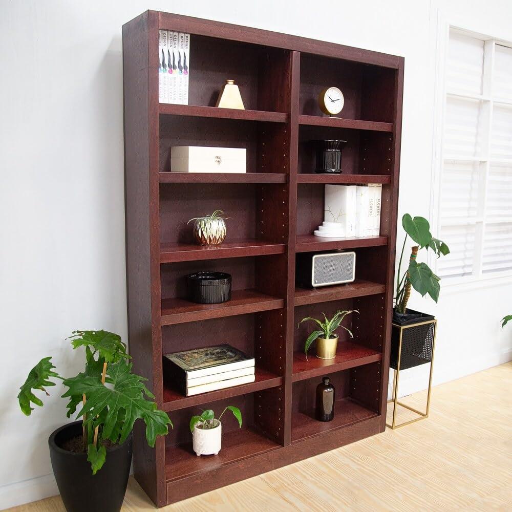 12 Shelf Double Wide Wood Bookcase, 84 inch Tall - Cherry Finish