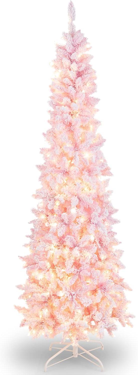 Costway 7FT Pre-Lit Snow Flocked Hinged Pencil Christmas Tree w/ 300 Lights & 8 Modes