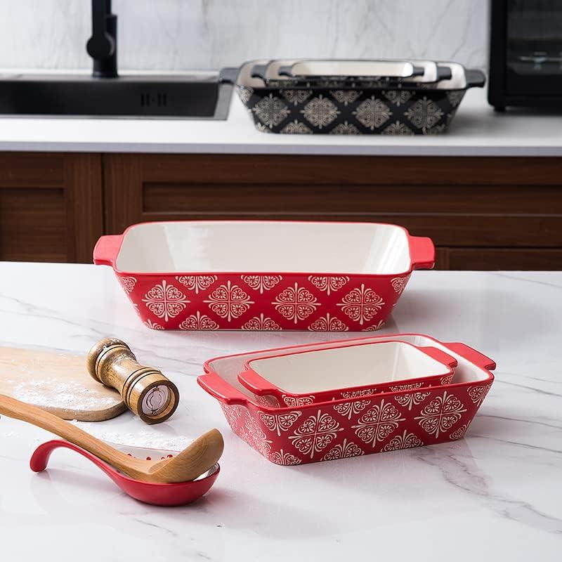 SWEEJAR Rectangular Ceramic Bakeware Set, Non-Stick Roasting Pan with Handles Baking Dishes,Casserole Pans for Cake Dinner, Set of 3 - Red