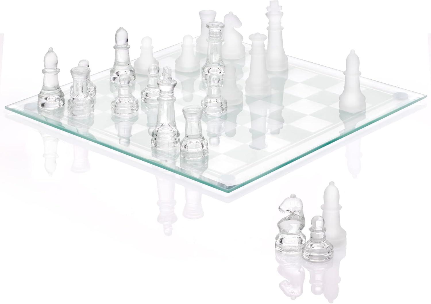 SRENTA 10" Fine Glass Chess Game Set, Solid Glass Chess Pieces with Padded Bottom, Crystal Chess Board Youth Adults Play Set