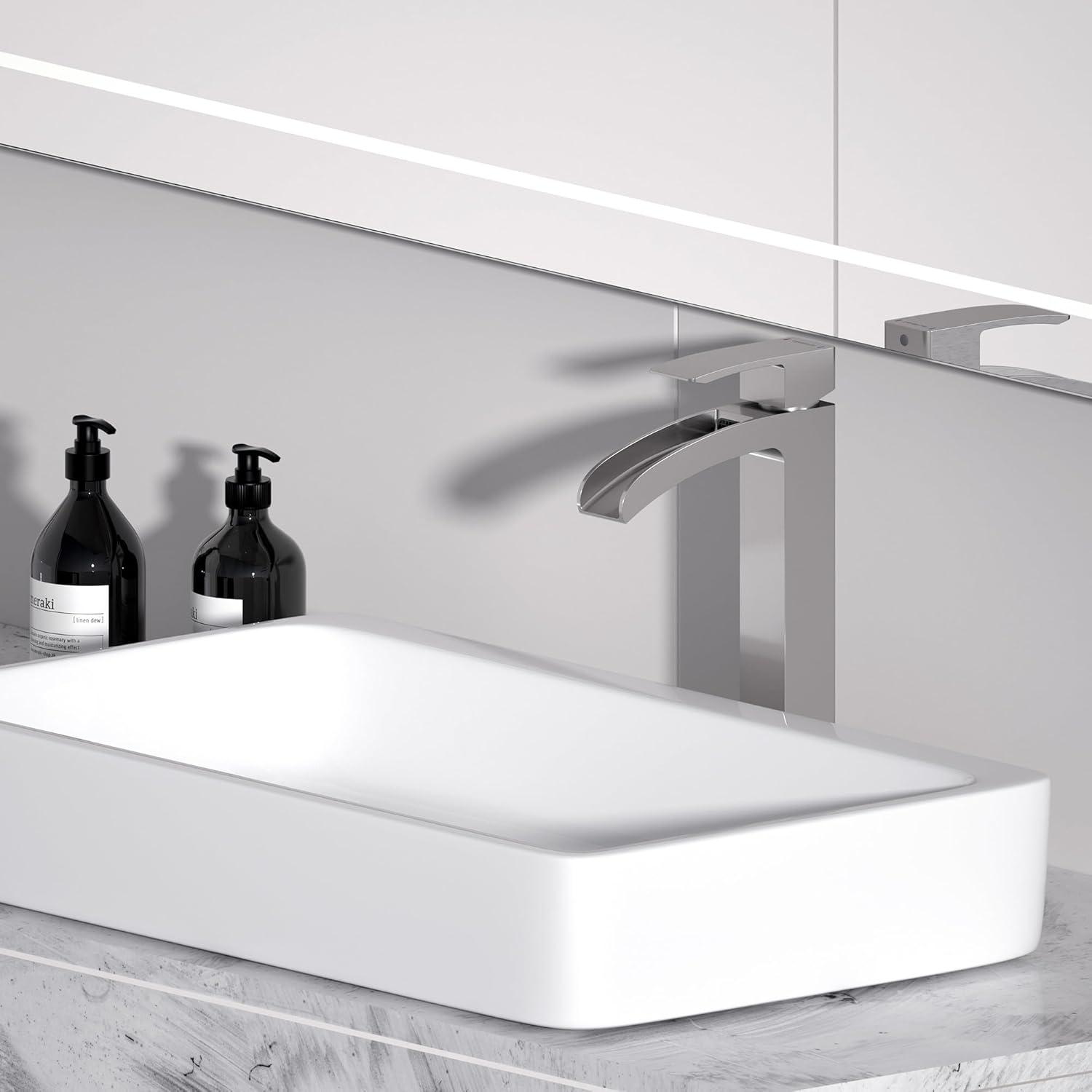 VOTON Vessel Sink Faucet Brushed Nickel Modern Tall Waterfall Bathroom Sink Faucet Single Handle Bathroom Faucet 1 Hole Bowl Lavatory Vanity Faucet, Rv Sink Camper Farmhouse Bathroom Faucet