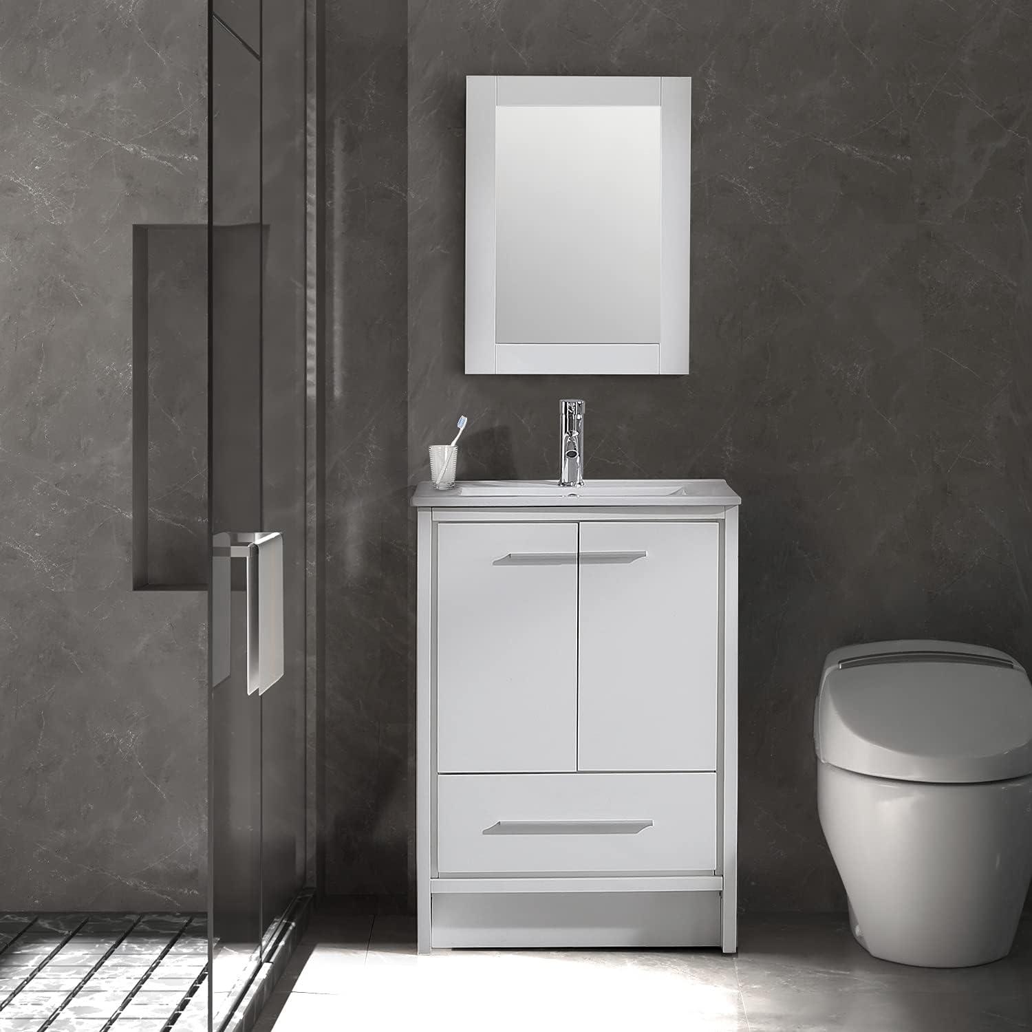 24-Inch White MDF Bathroom Vanity with Ceramic Sink and Mirror