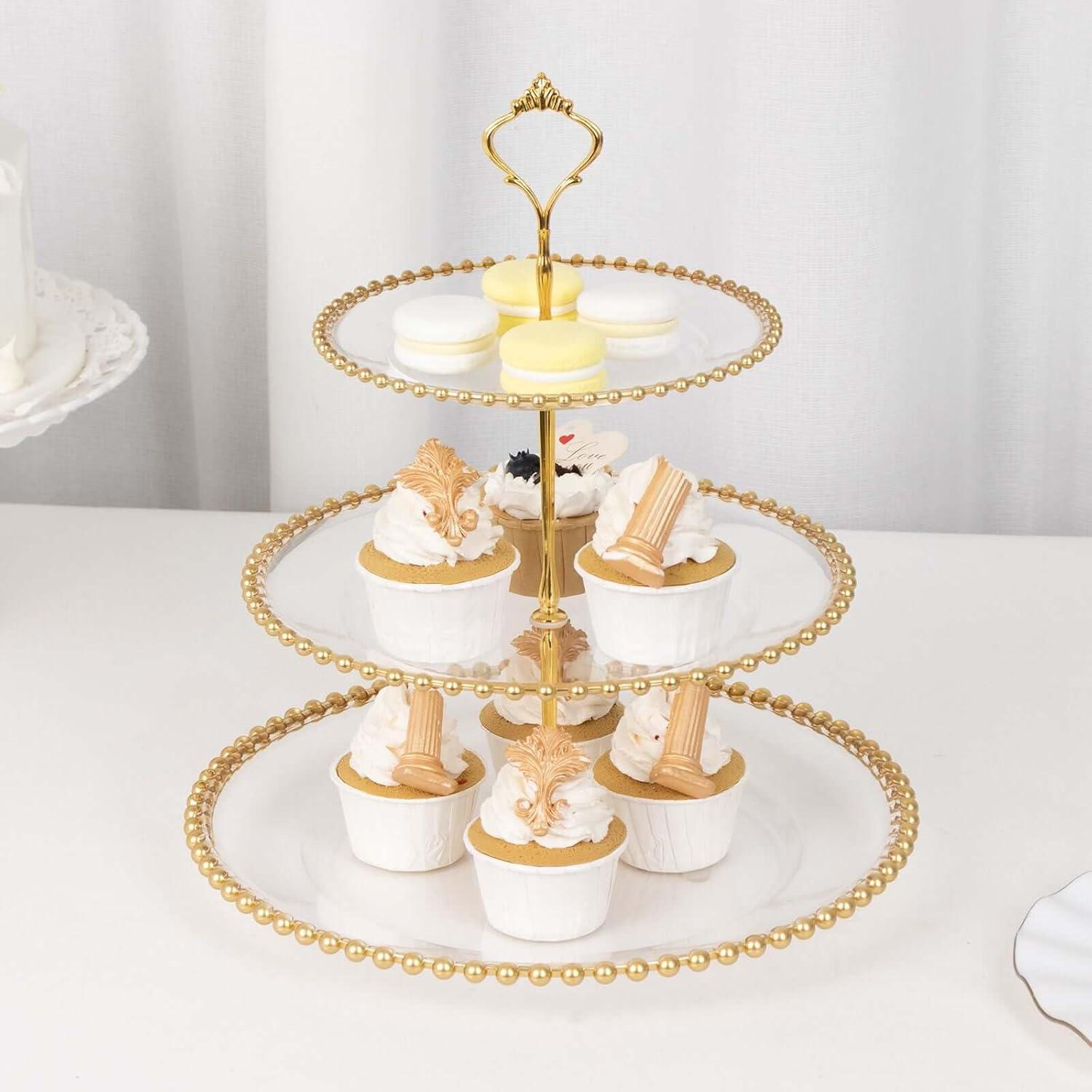 Efavormart Clear 3-Tier Round Plastic Cupcake Tower Stand with Beaded Rim, Dessert Display Tea Party Serving Platter With Top Handle - 14" Tall