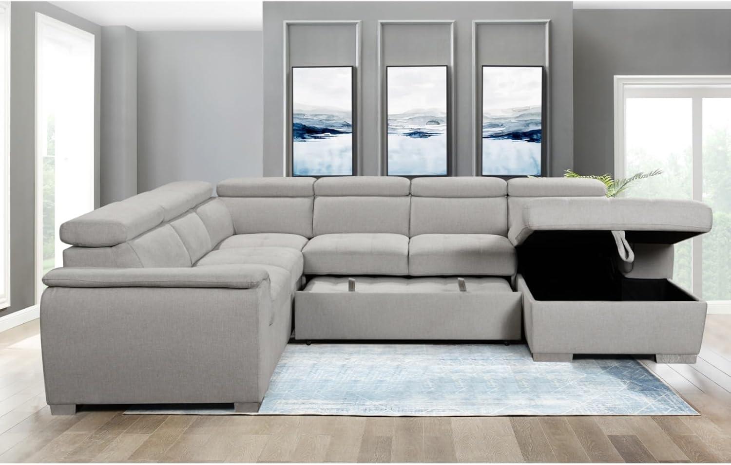 Beige U-Shaped Sectional Sofa with Storage and Adjustable Headrests