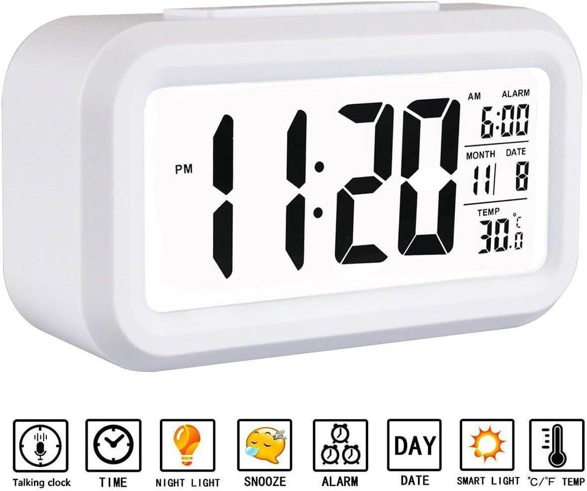 Indoor Temperature Alarm Clock for Bedrooms, Smart Night Light, Battery Operated Small Easy Desk Bedside Gifts Clock-White