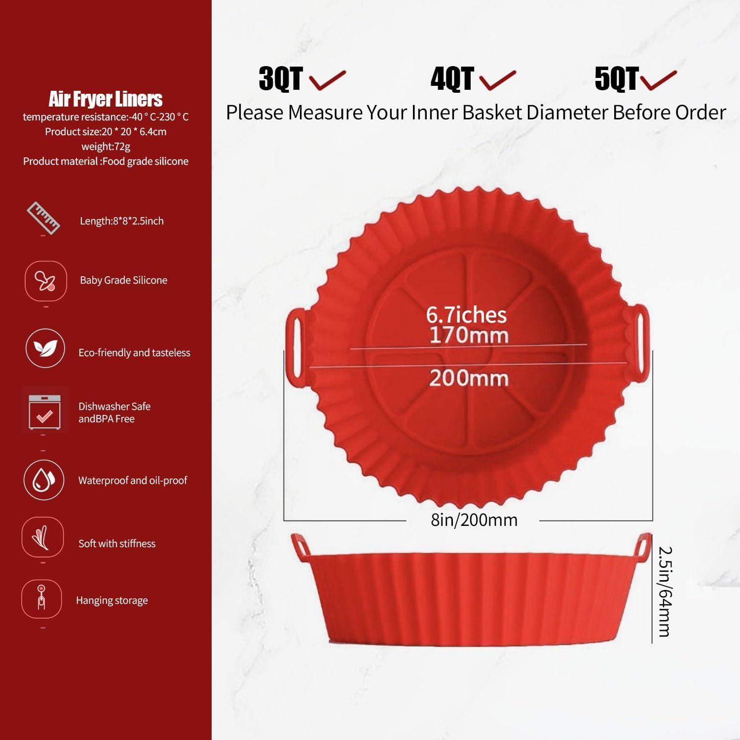RUseeN Air Fryer Silicone Liners Pot 2 Pack, Reusable Silicone Bowl Basket Fit for 3 to 5QT Air Fryer, Replacement of Flammable Parchment Paper, Baking Tray Oven Accessories (Top 8in, Bottom 6.8in)