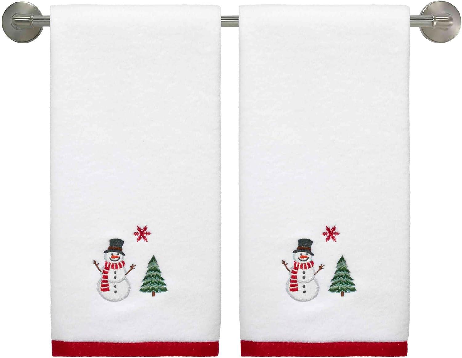 Winter Snowman White Cotton Hand Towels Set of 2