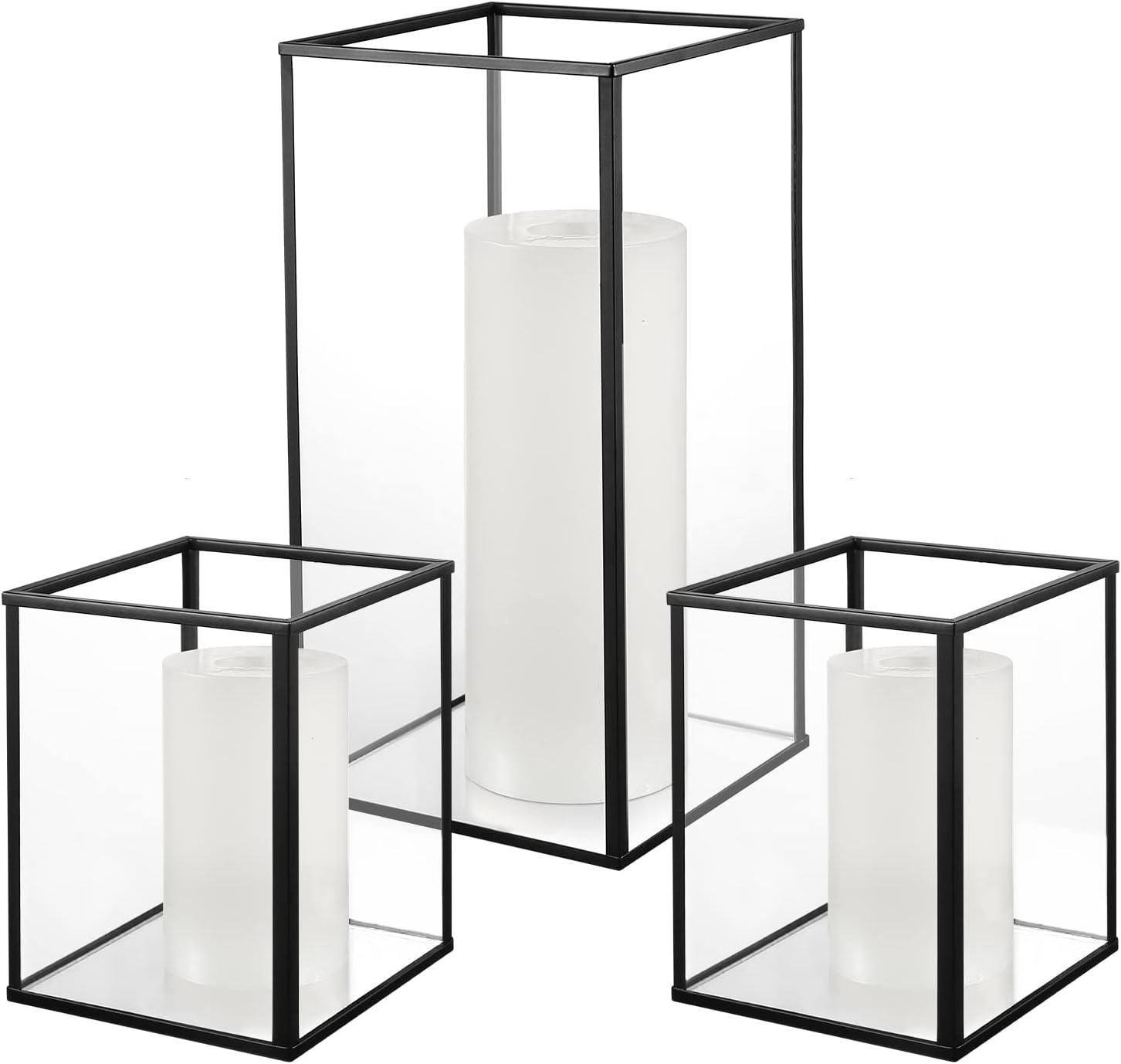 Phosphor Small Hurricane Candle Holder Set of 3 Pieces, Black Glass Candle Holder for Wedding, Party, Holiday.