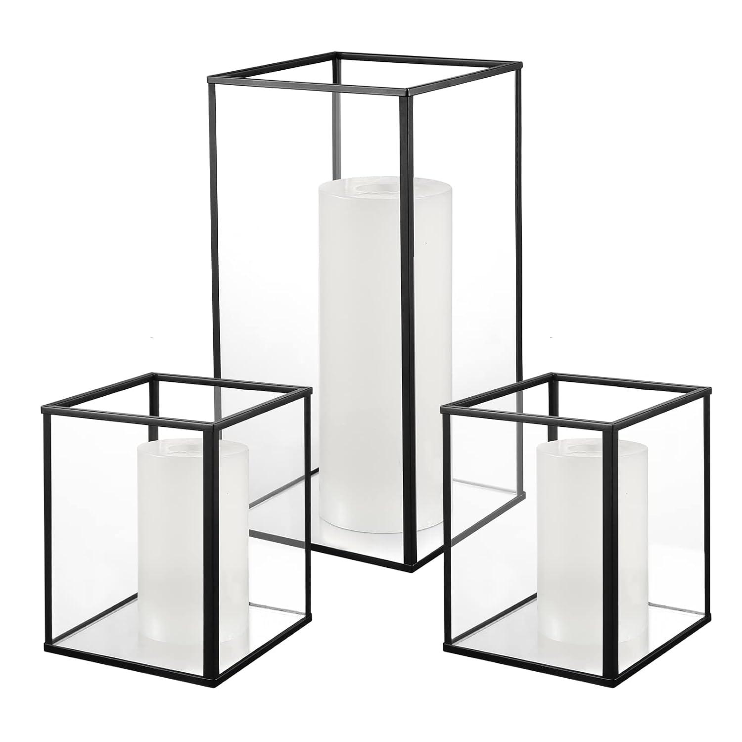 Phosphor Small Hurricane Candle Holder Set of 3 Pieces, Black Glass Candle Holder for Wedding, Party, Holiday.