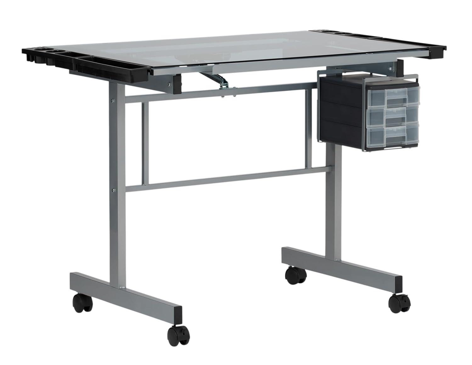 Inbox Zero Craddock Adjustable Glass Top Metal Base Drafting Table