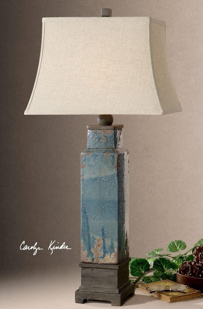 Distressed Blue Ceramic Table Lamp with Rectangle Bell Shade