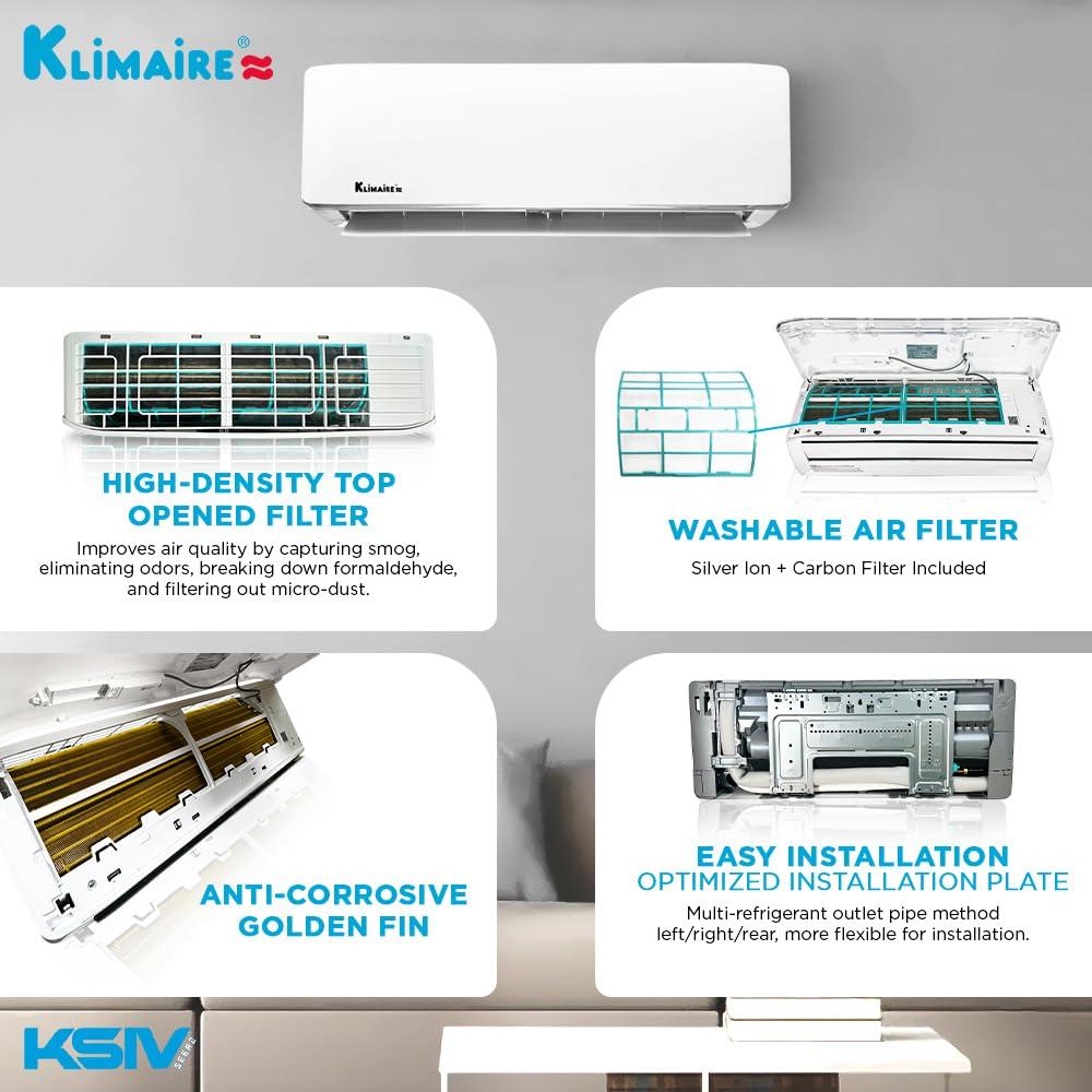 Klimaire 36,000 BTU 17.5 SEER2 Wi-Fi-Enabled Ductless Mini-Split Heat Pump Air Conditioner with Installation Kit, Up to 2,400 Sq. Ft