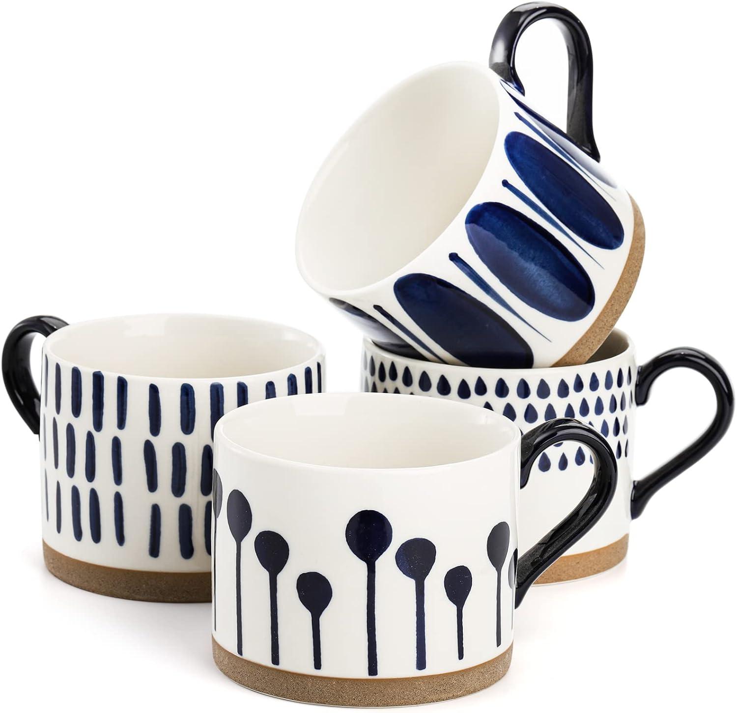 Set of 4 White and Blue Hand Painted Ceramic Coffee Mugs