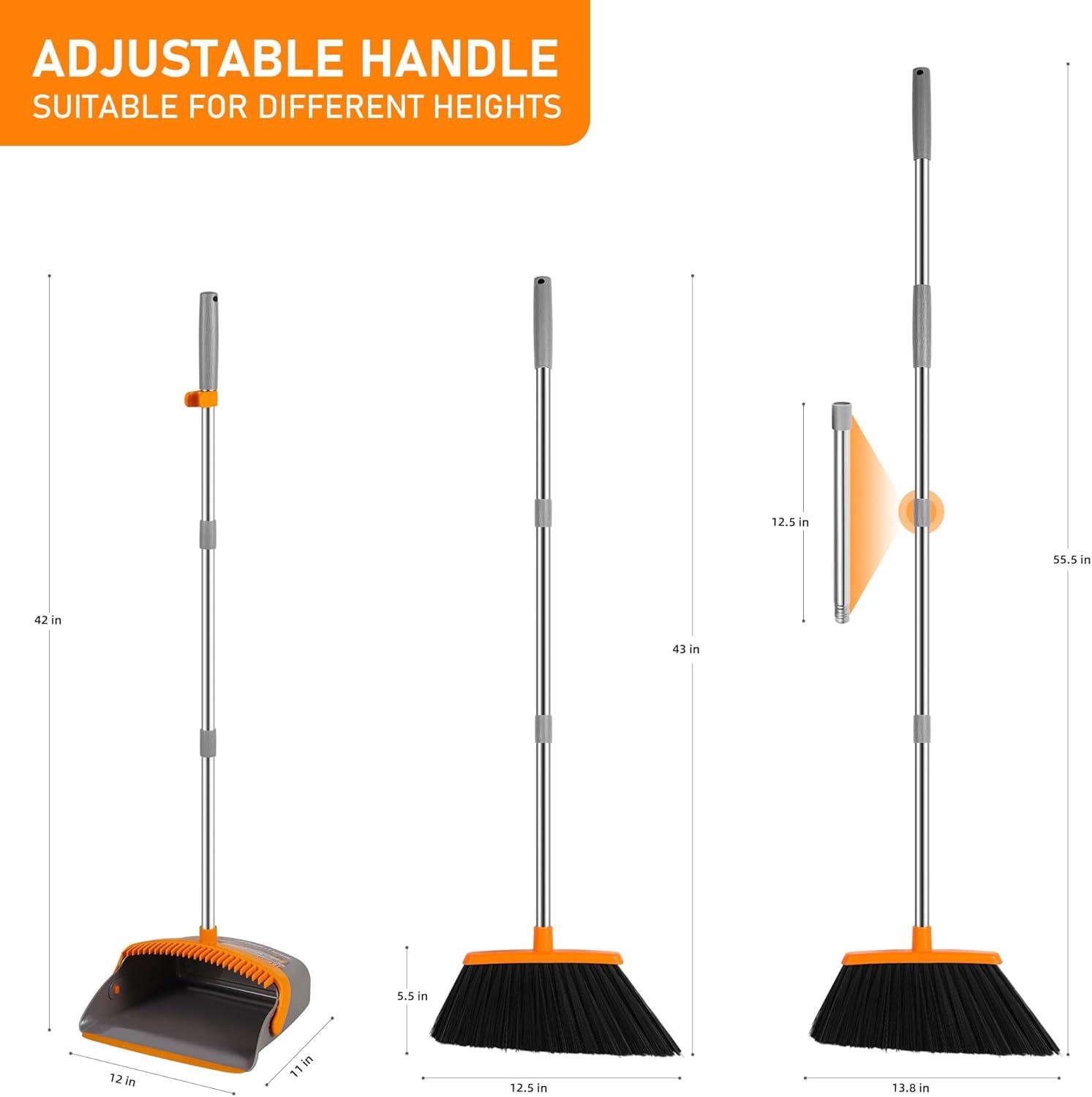 Adjustable Stainless Steel Broom and Dustpan Set with Orange Handle