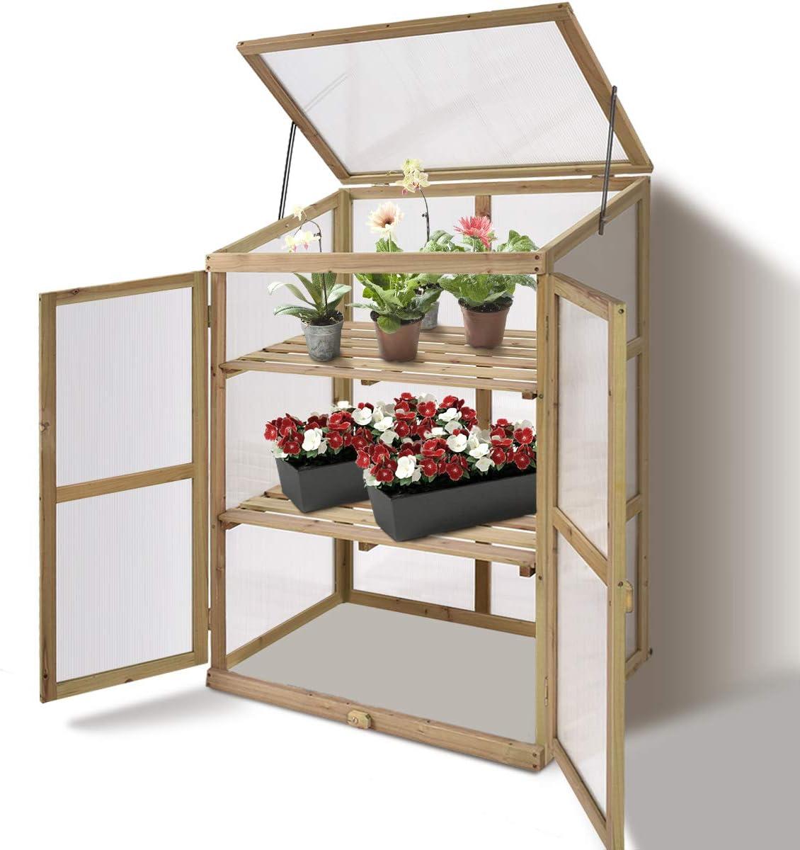 Portable Fir Wood Cold Frame Greenhouse with Shelves