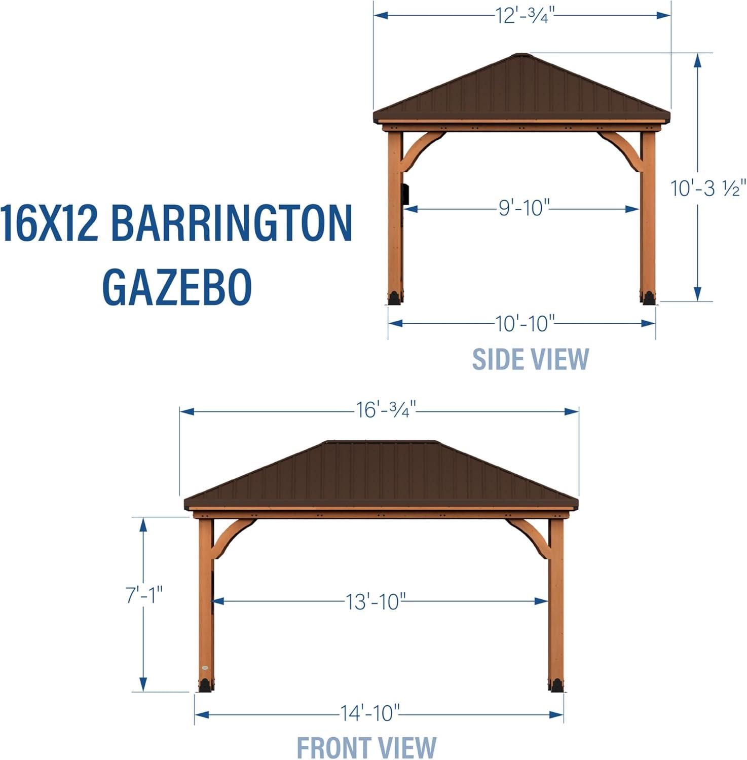 Barrington 16 ft x 12 ft Cedar Wood Gazebo with Steel Roof