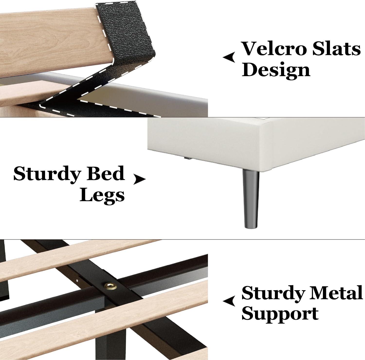 Full Bed Frame with Velvet Upholstered Headboard and Solid Wood Slats, Box Spring Optional, Mattress Base, Easy to Assemble, Beige