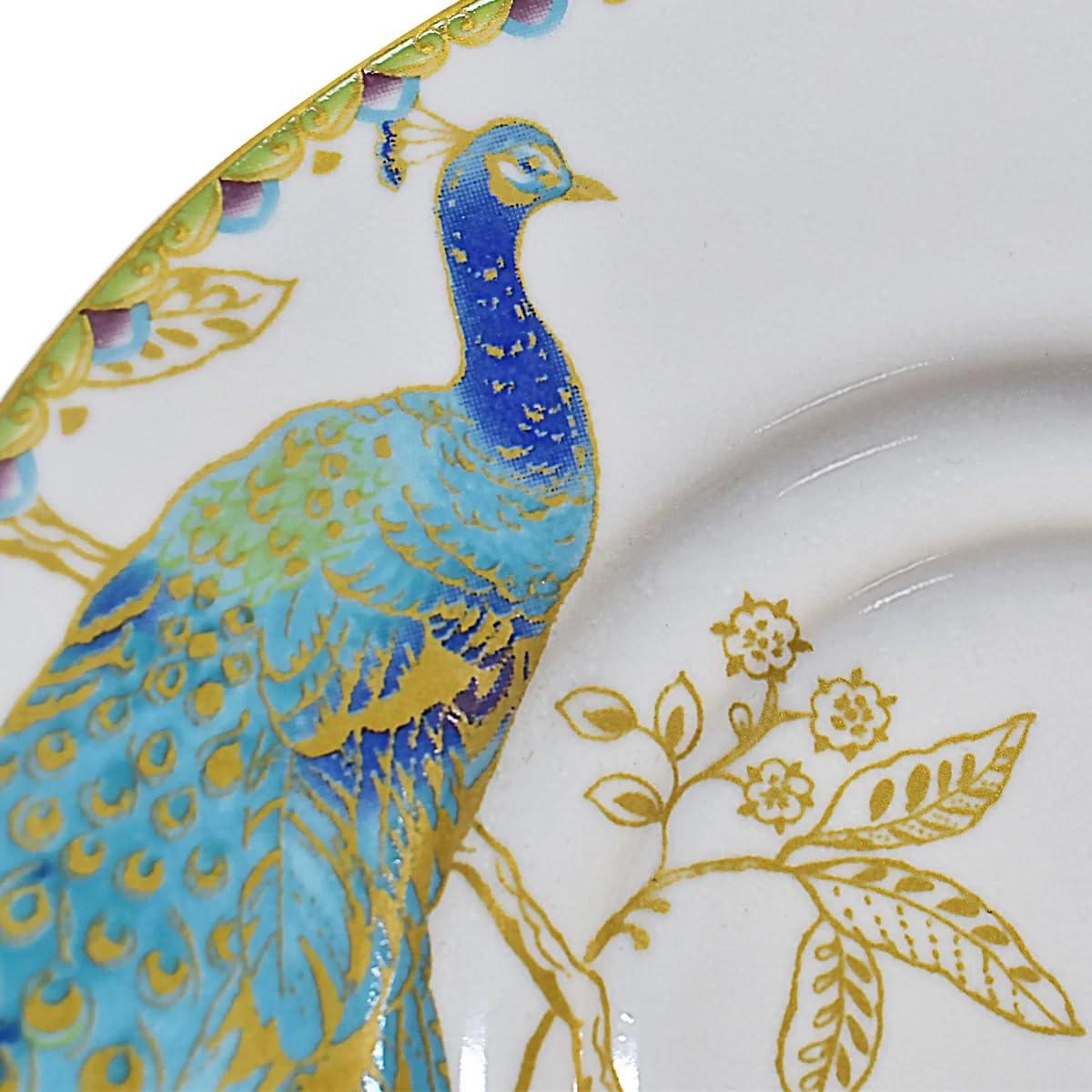 222 Fifth Peacock Garden Porcelain 16pc Dinnerware Set White: Round Dish Set, Service for 4, Bird Pattern, Dishwasher-Safe