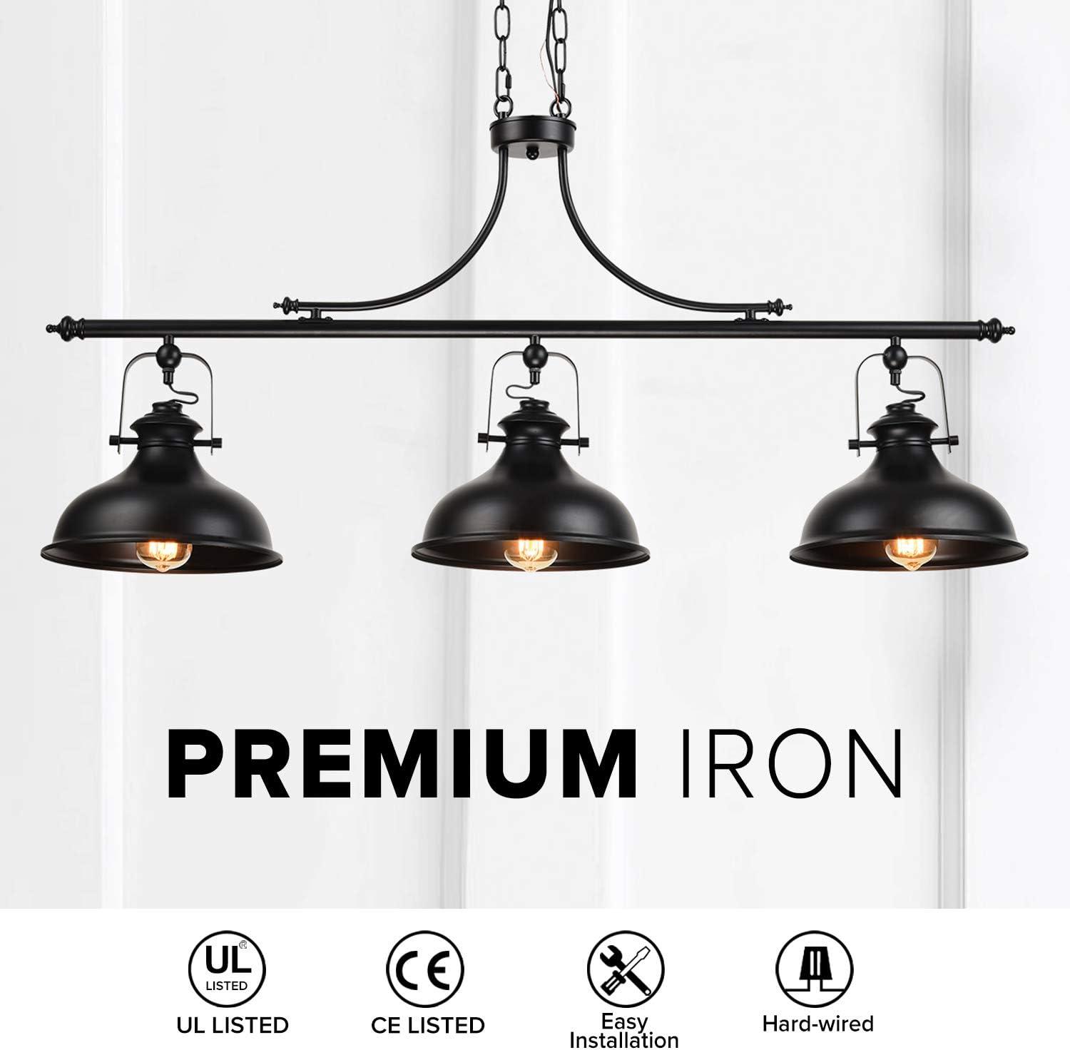 GZBtech Vintage 3-Light Pendant Lighting Fixture, 59.06'' H Adjustable Rustic Hanging Billiard Light Over The Pool Table, Industrial Black Metal Chandelier for Dinning Room Kitchen Island