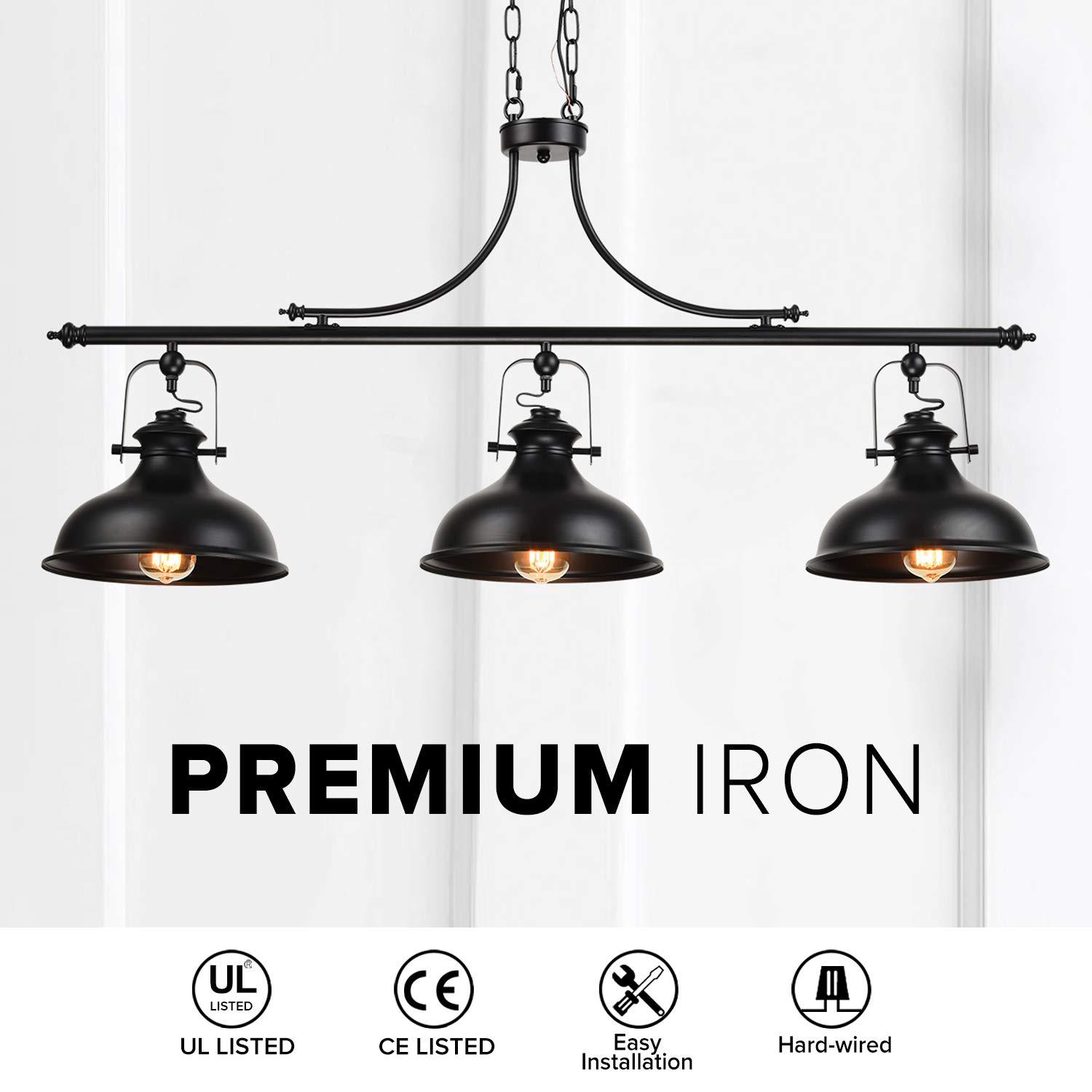 GZBtech Vintage 3-Light Pendant Lighting Fixture, 59.06'' H Adjustable Rustic Hanging Billiard Light Over The Pool Table, Industrial Black Metal Chandelier for Dinning Room Kitchen Island