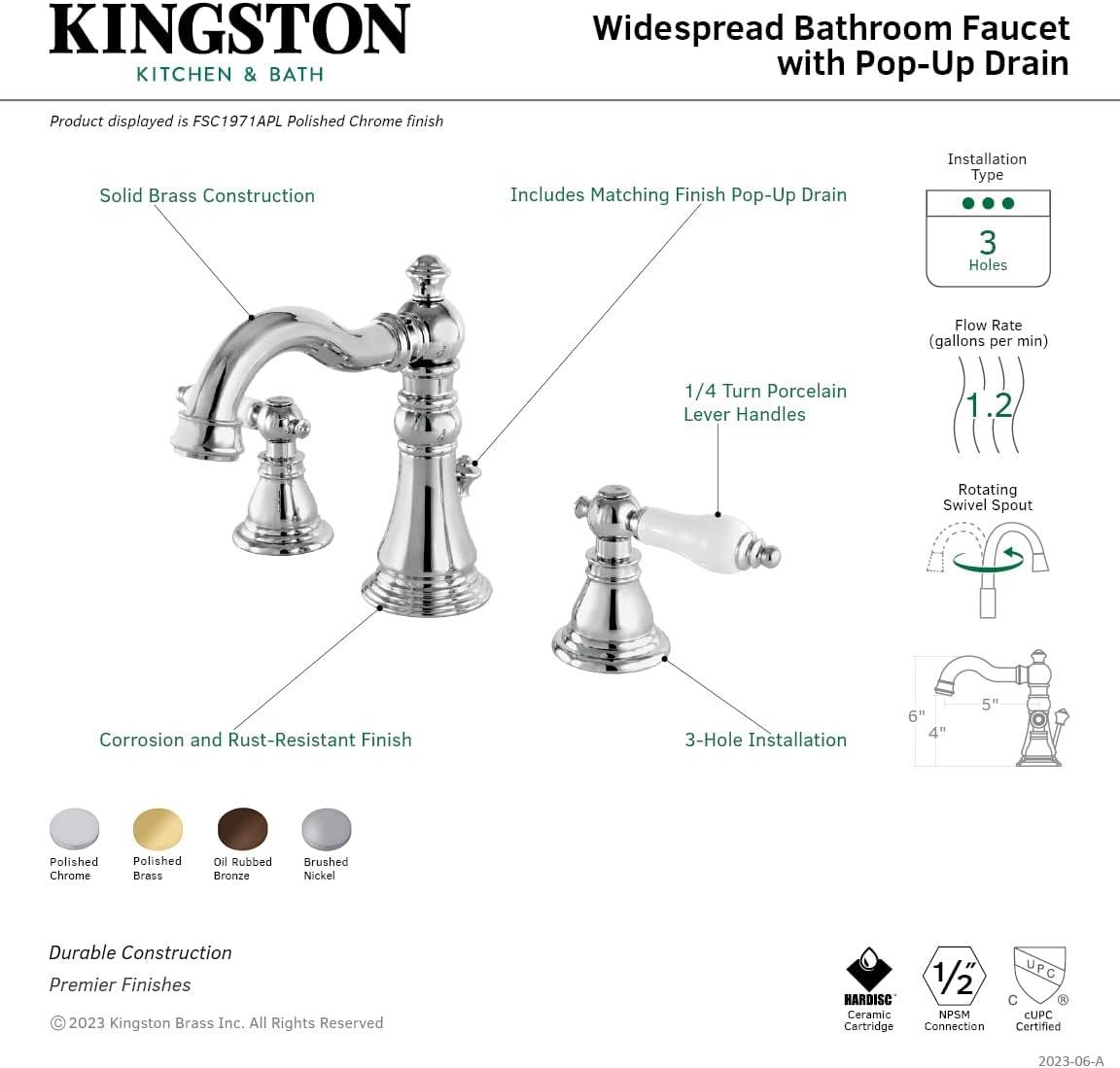 Kingston Brass American Patriot Two-Handle 3-Hole Deck Mount Widespread Bathroom Faucet with Retail Pop-Up Drain