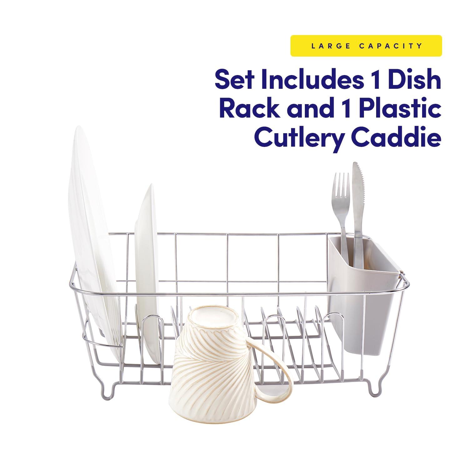 Sweet Home Collection Chrome Plated Steel 2-Piece Compact Dish Drainer with Utensil Caddy