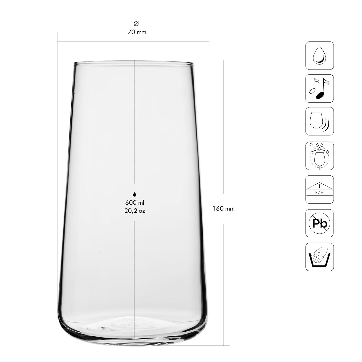Krosno Water Glasses, Set of 6, Capacity 20 fl oz, Infinity Collection, Thin Highball Glasses,Clear Tall Glass Cups For Water, Juice, Drinks, and Cocktails, Dishwasher Safe, Made in Europe