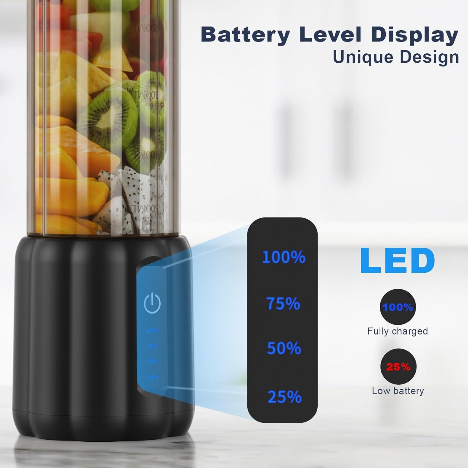 Portable Blender - Small Smoothie & Shake Maker, 17 Oz Personal Blender with 6 Blades, USB-C Rechargeable Mini Mixer with Extra Lid for Travel, Office, Gym-xlk