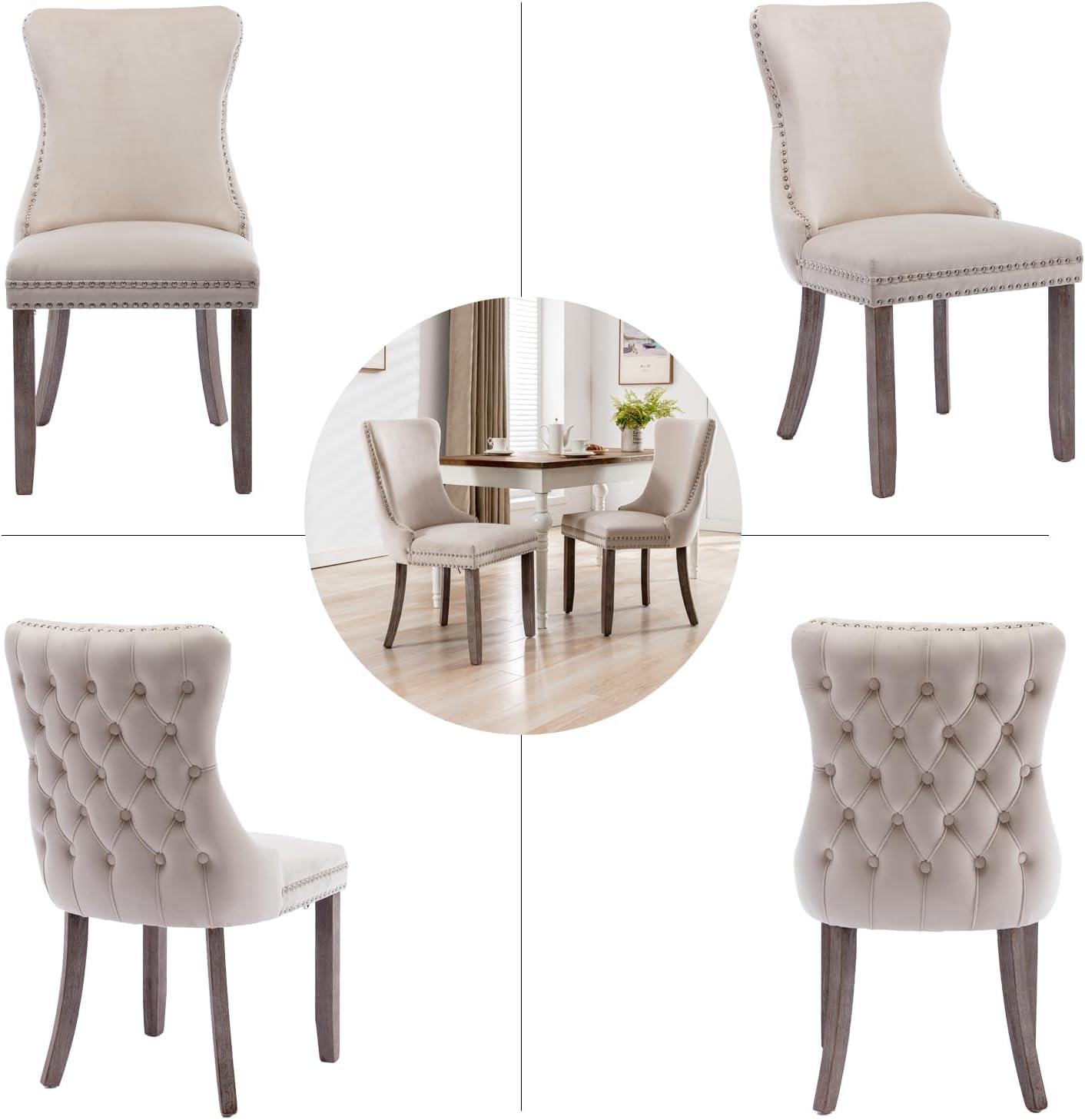 Tzicr Tufted Dining Chairs Set of 6, Upholstered Dining Chairs with Nailhead Back, Nailhead Trim, Velvet Dining Chairs for Kitchen/Bedroom/Dining Room(Beige)